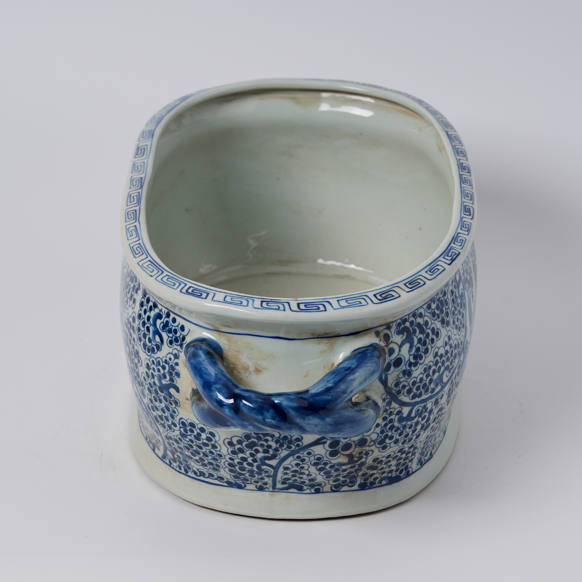 Antique blue and white porcelain flowerpot with hand-painted double handles 77