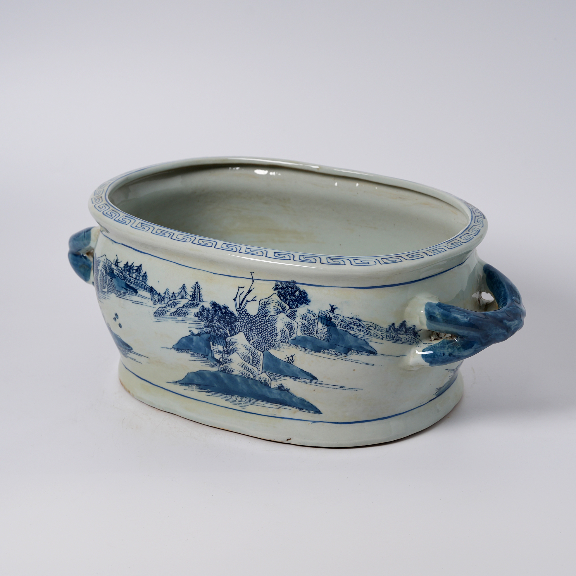 Antique blue and white porcelain flowerpot with hand-painted double handles 78