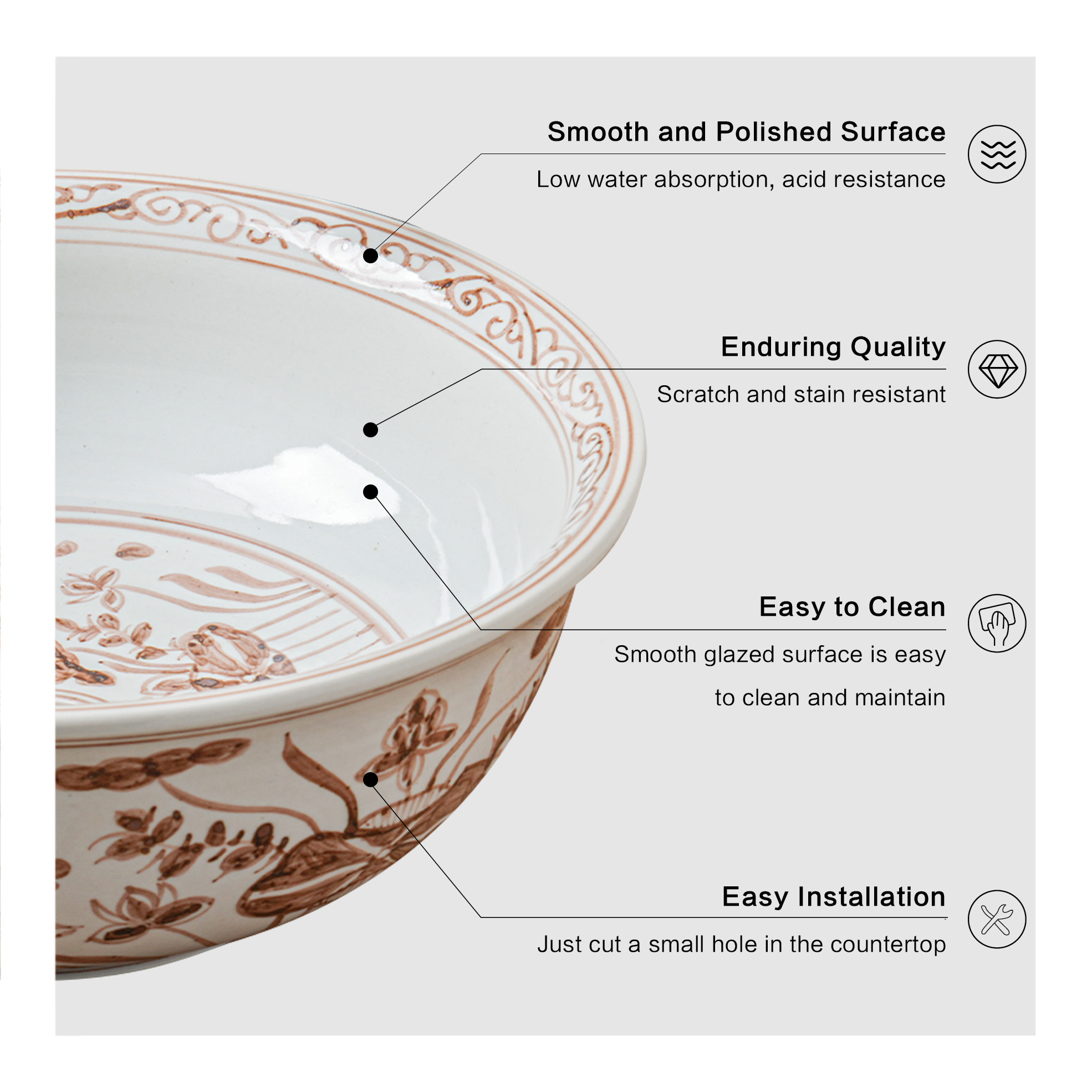 Round hand-painted ceramic washbasin