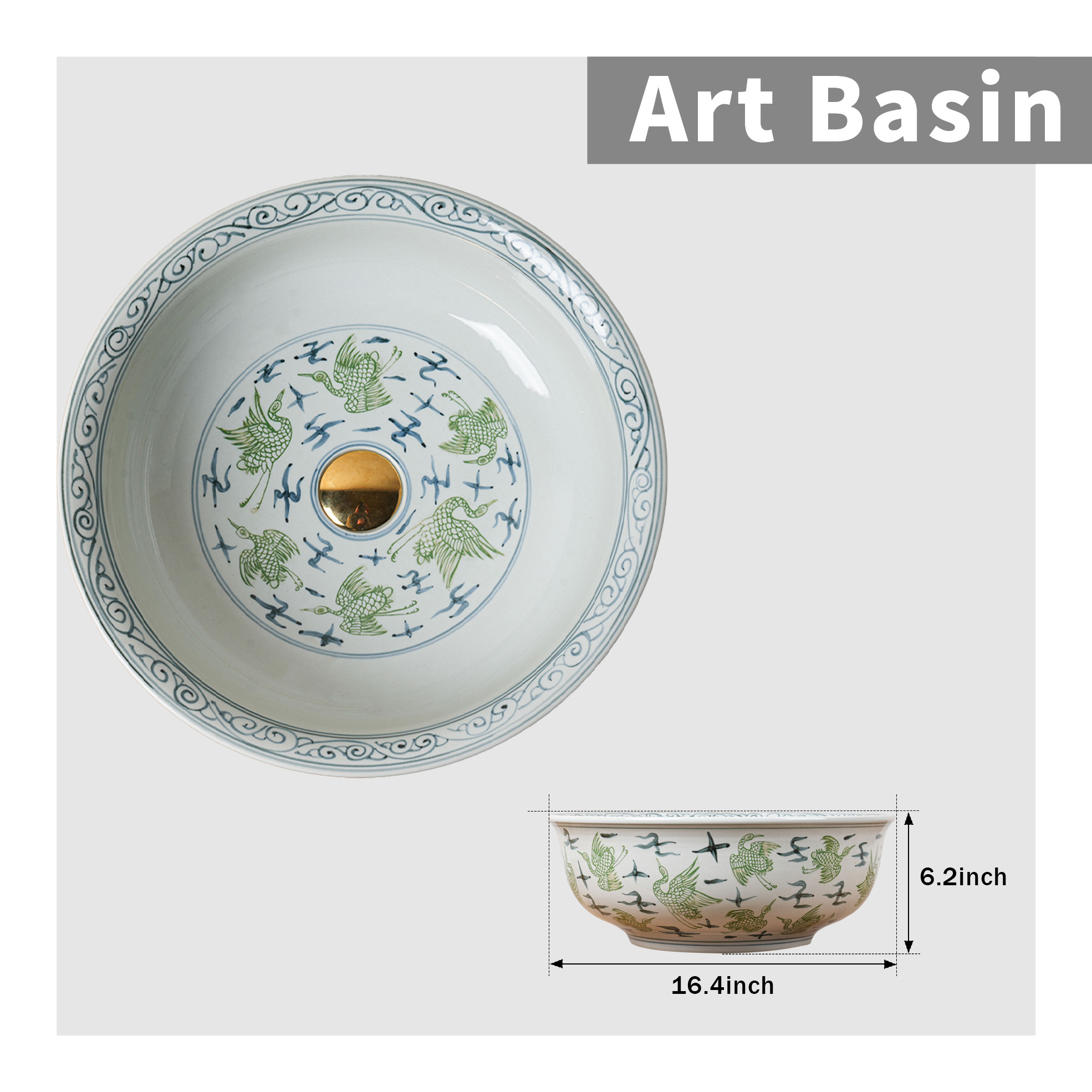 Round hand-painted ceramic washbasin