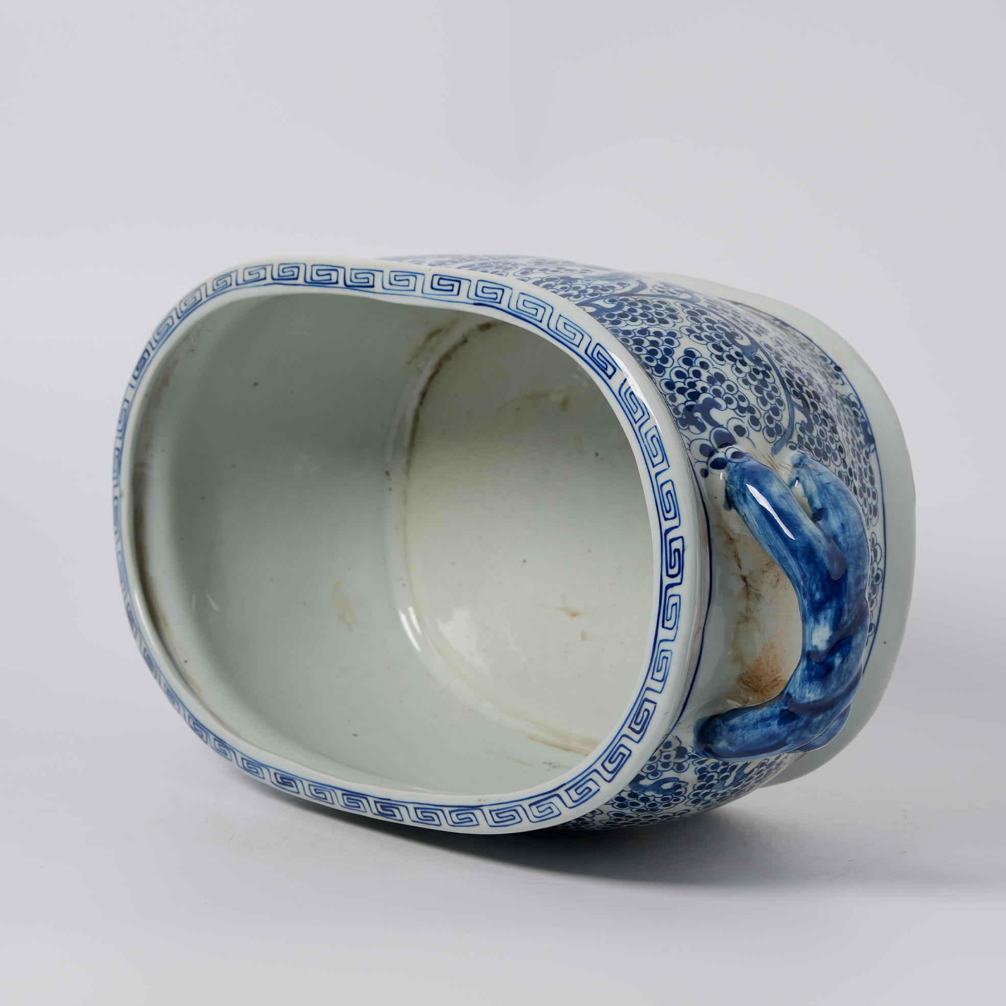 Antique blue and white porcelain flowerpot with hand-painted double handles 77