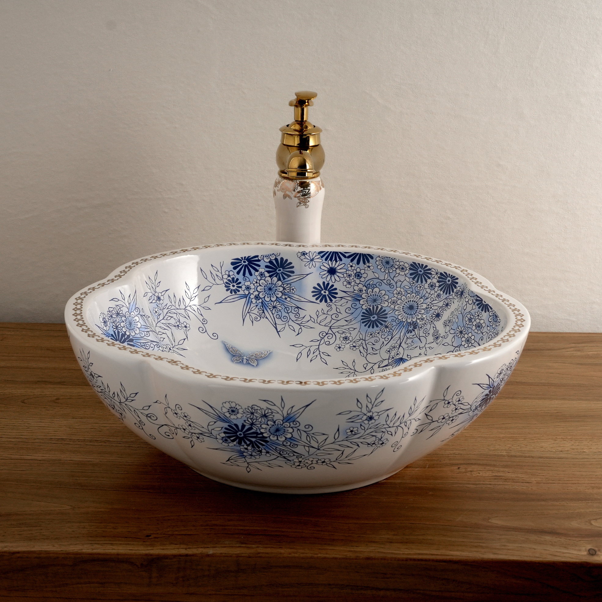 Ceramic washbasin with white petal print