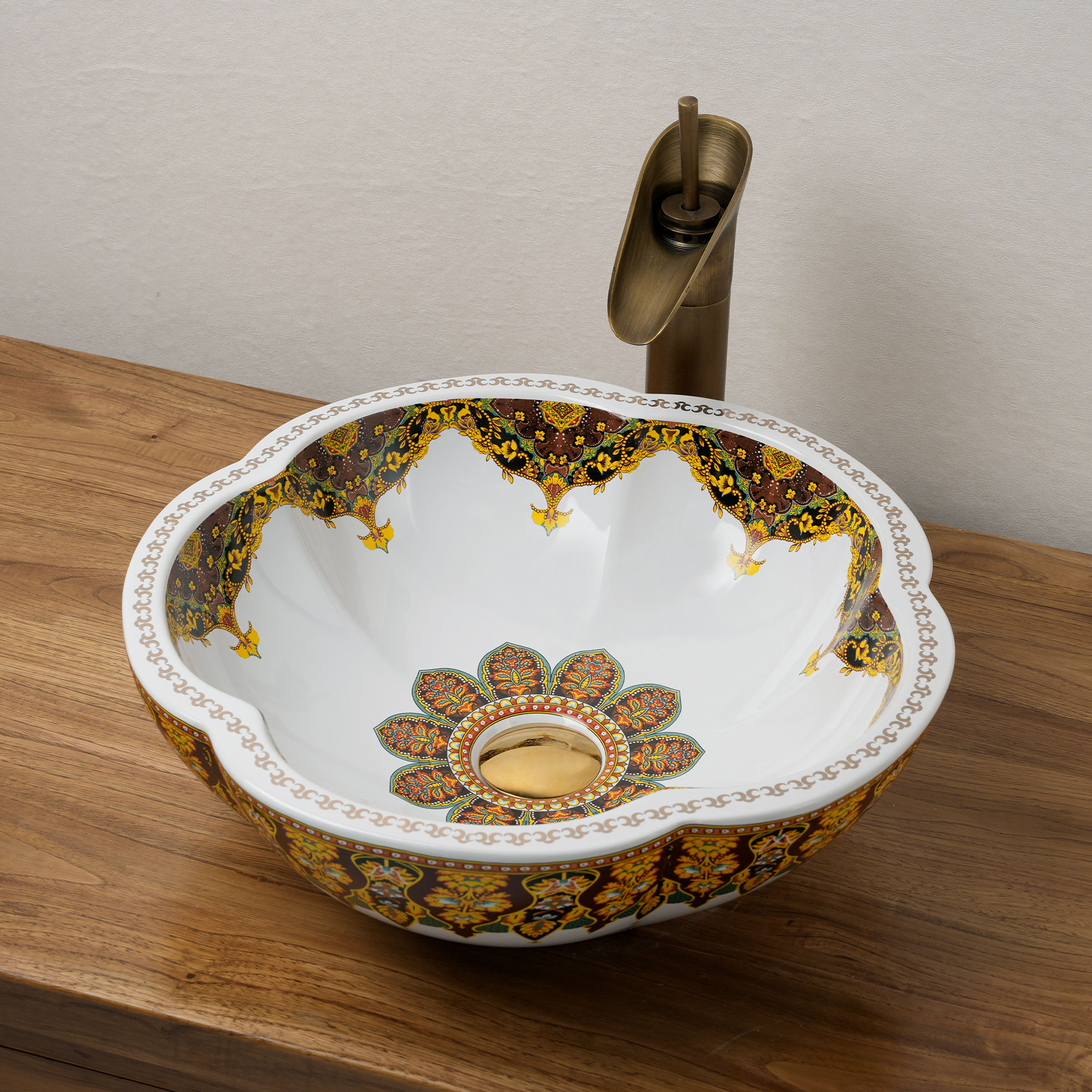 Ceramic washbasin with a yellow and white floral print
