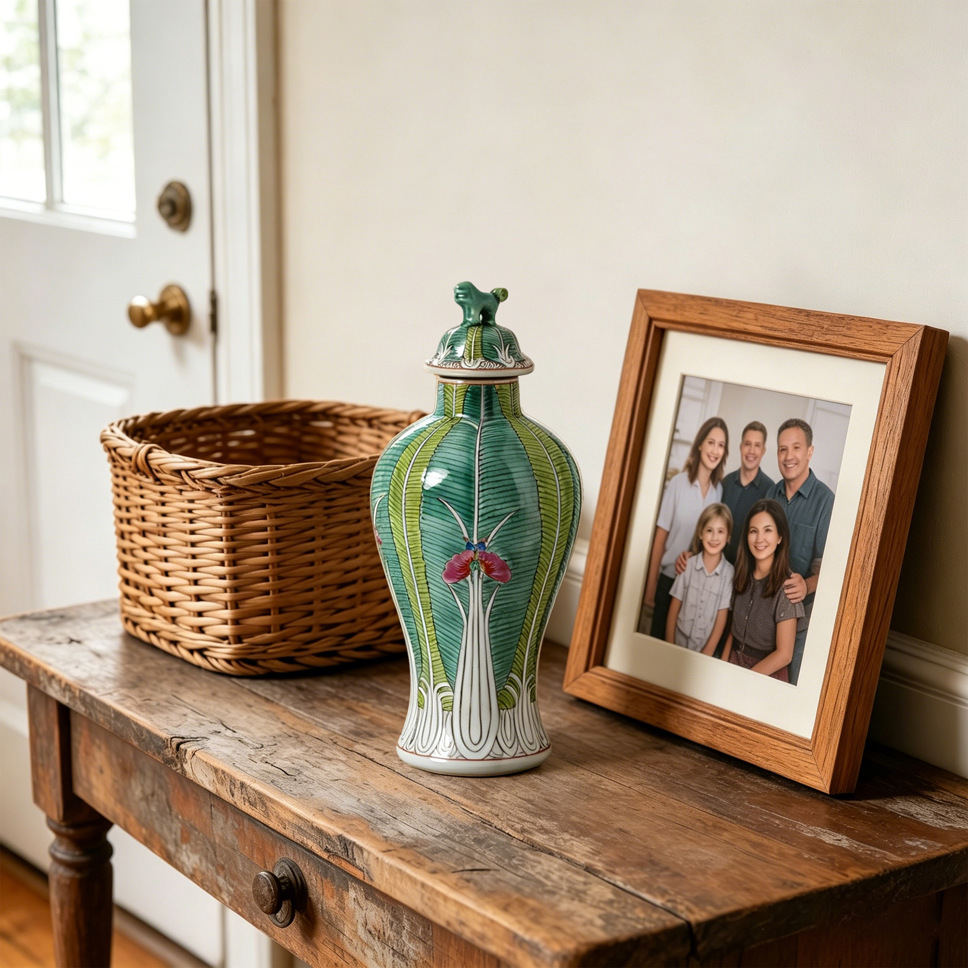 Hand-painted Cabbage Leaf Meiping Vase with Cover