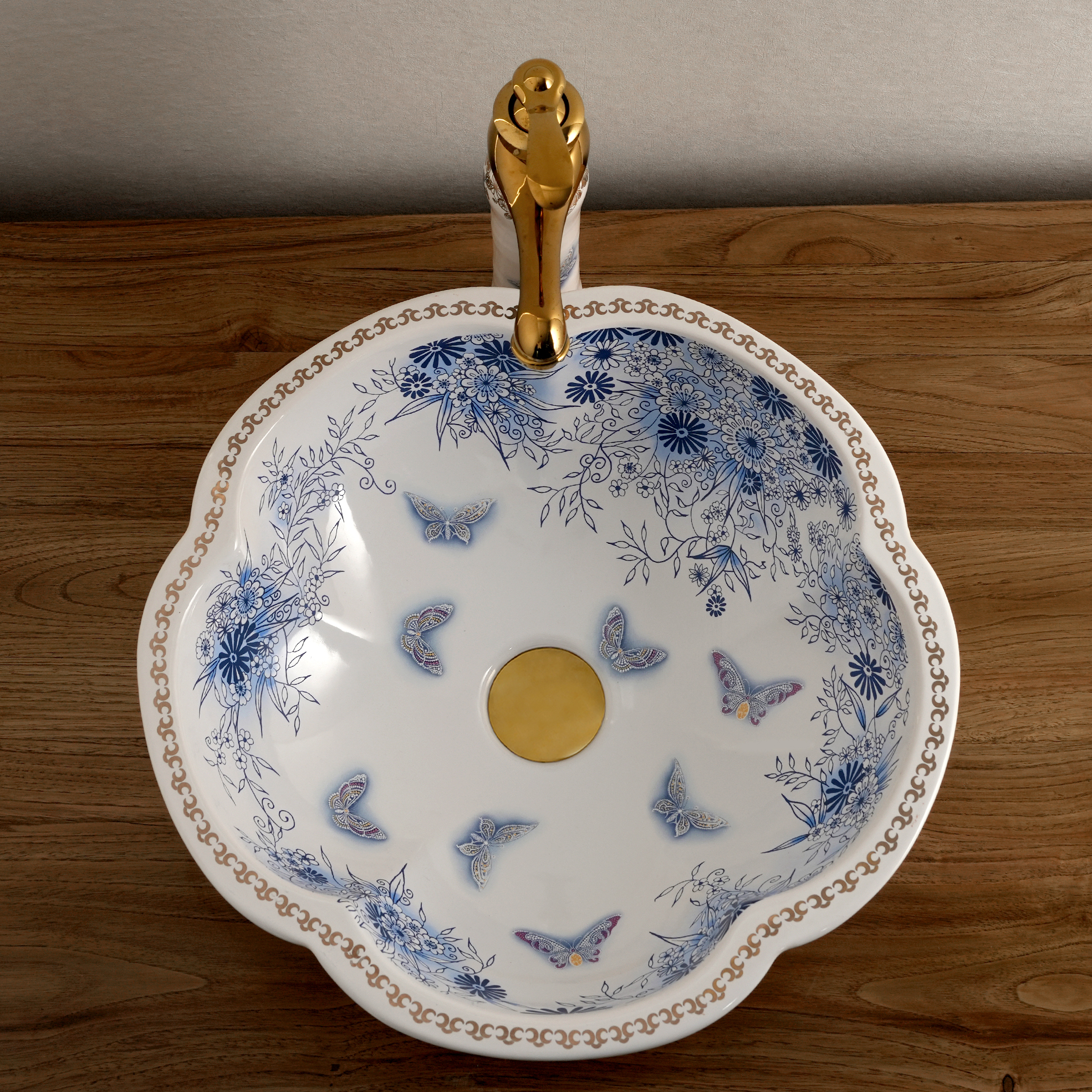 Ceramic washbasin with white petal print