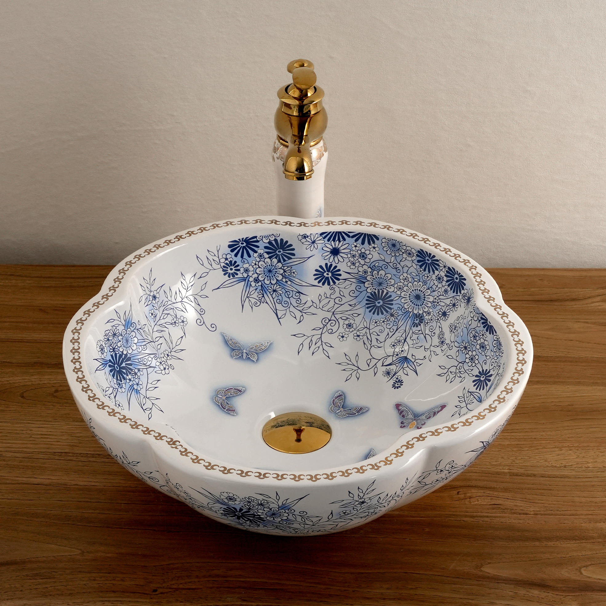 Ceramic washbasin with white petal print