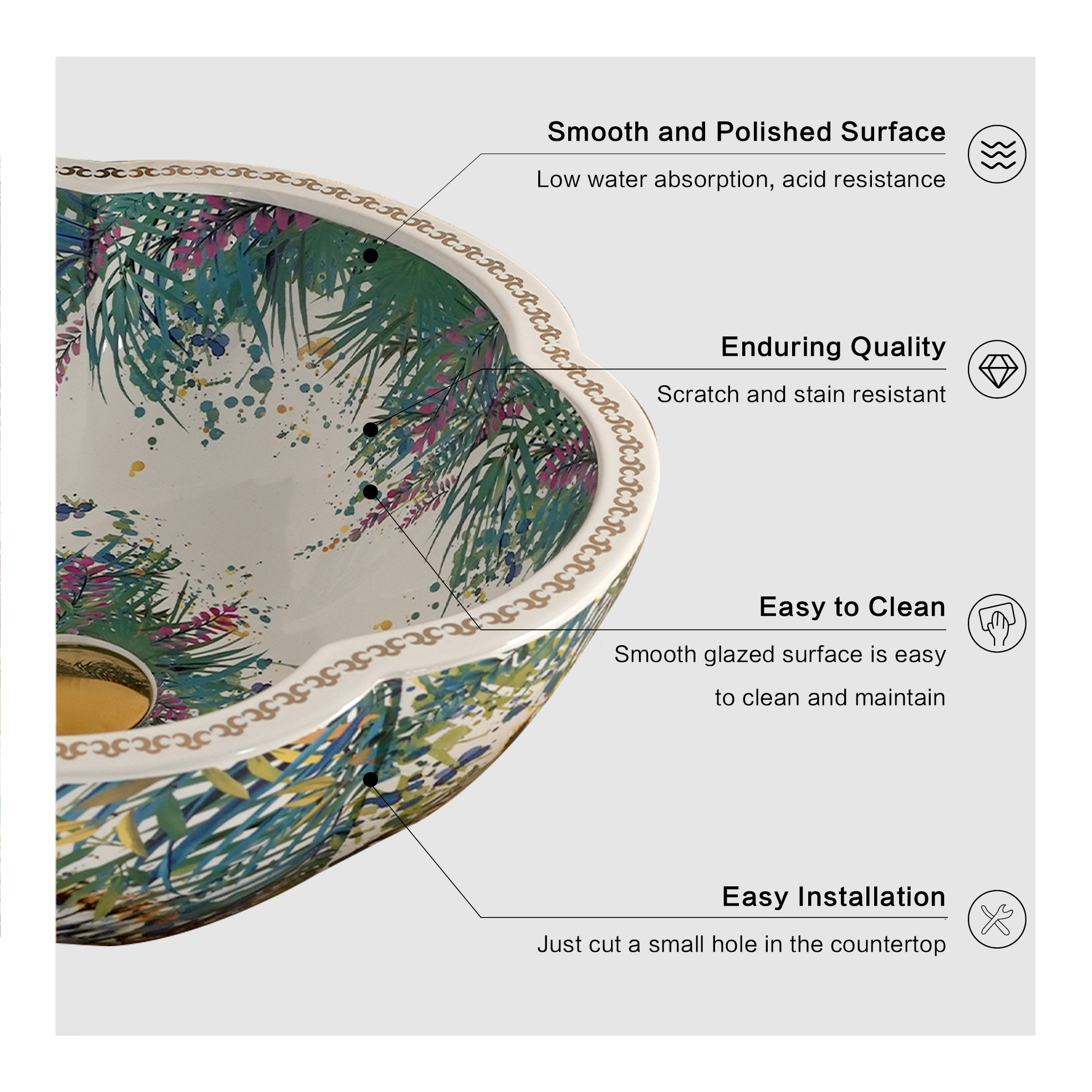 Ceramic washbasin with a green and white floral print