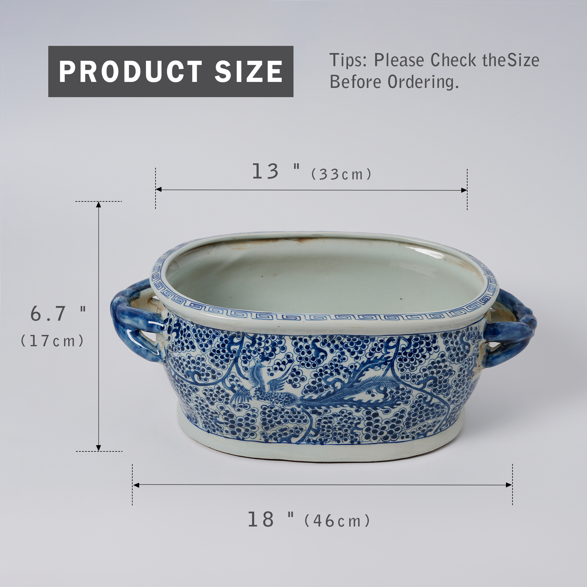 Antique blue and white porcelain flowerpot with hand-painted double handles 77