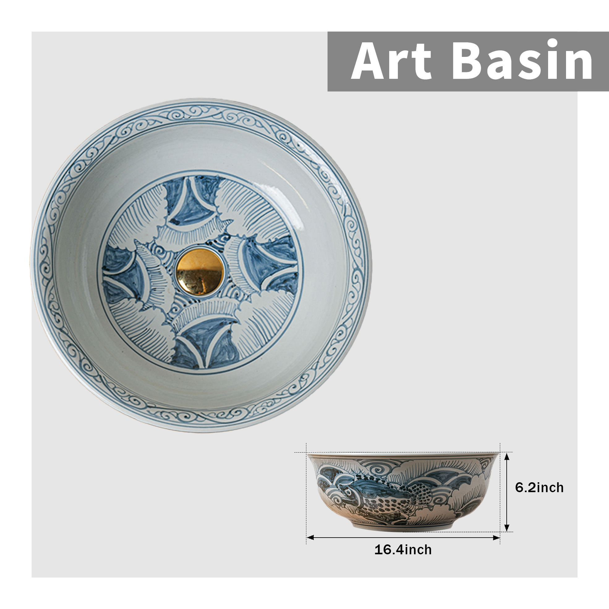 Round hand-painted ceramic washbasin