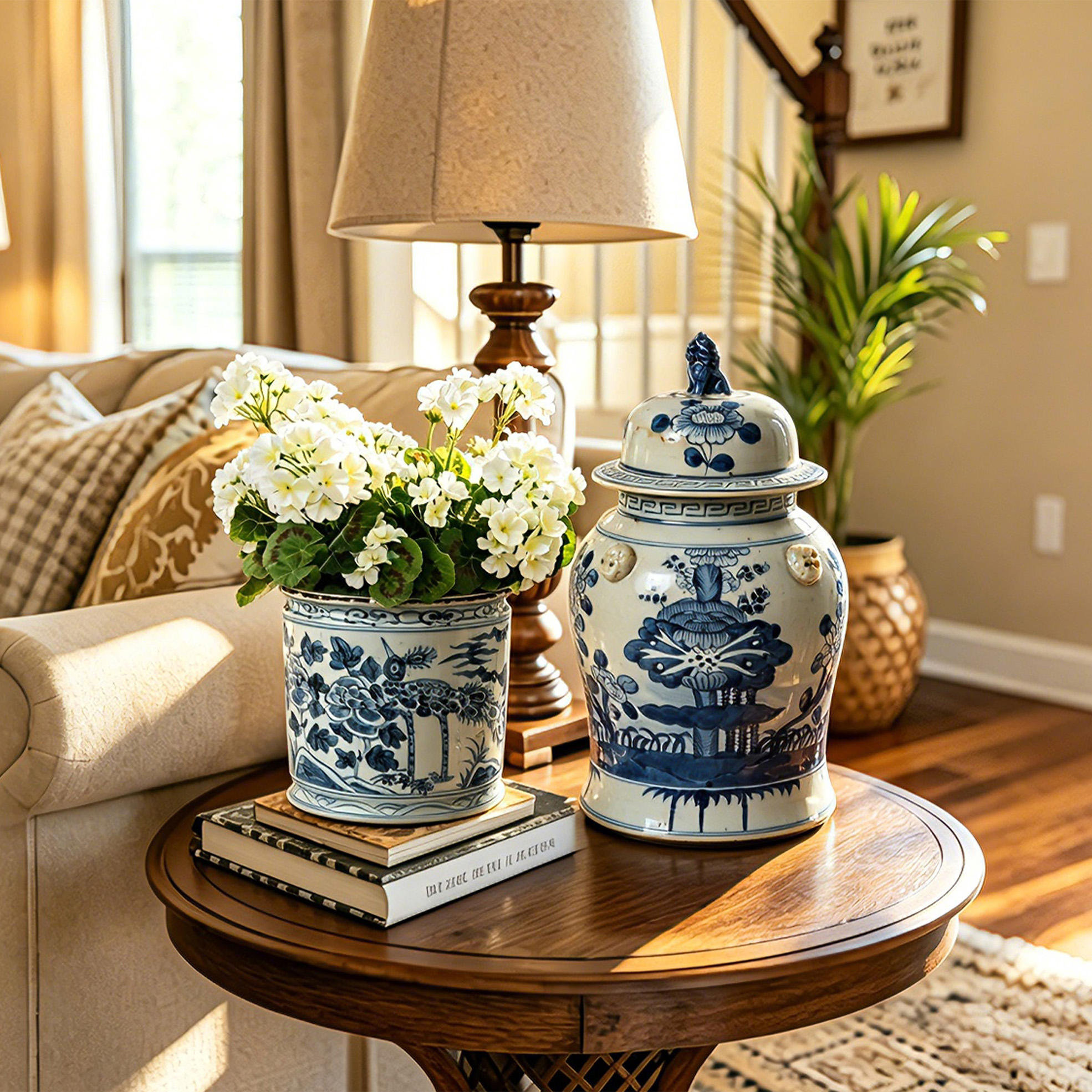 Antique blue and white porcelain lion head ceramic flower pot, hand-painted 64