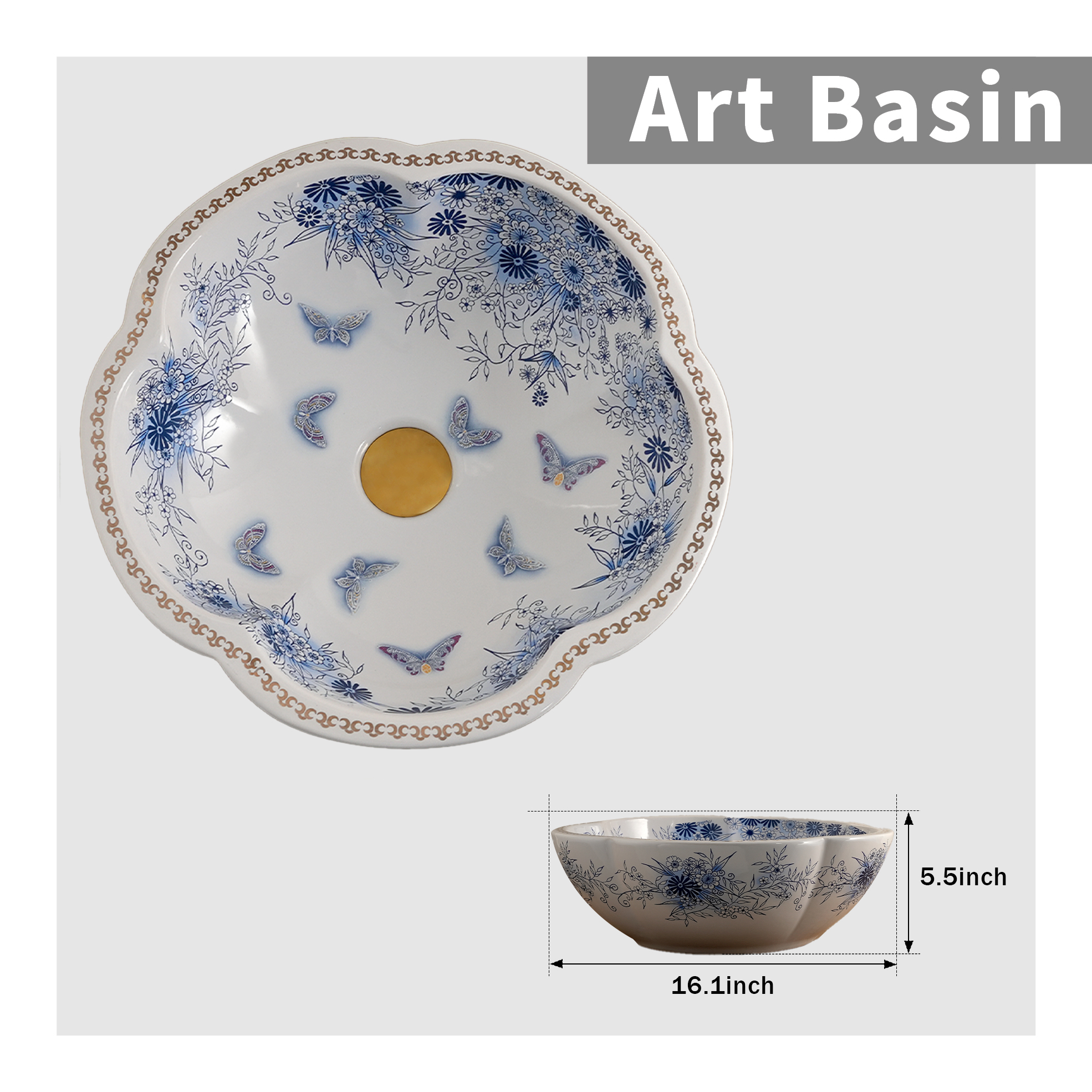 Ceramic washbasin with white petal print