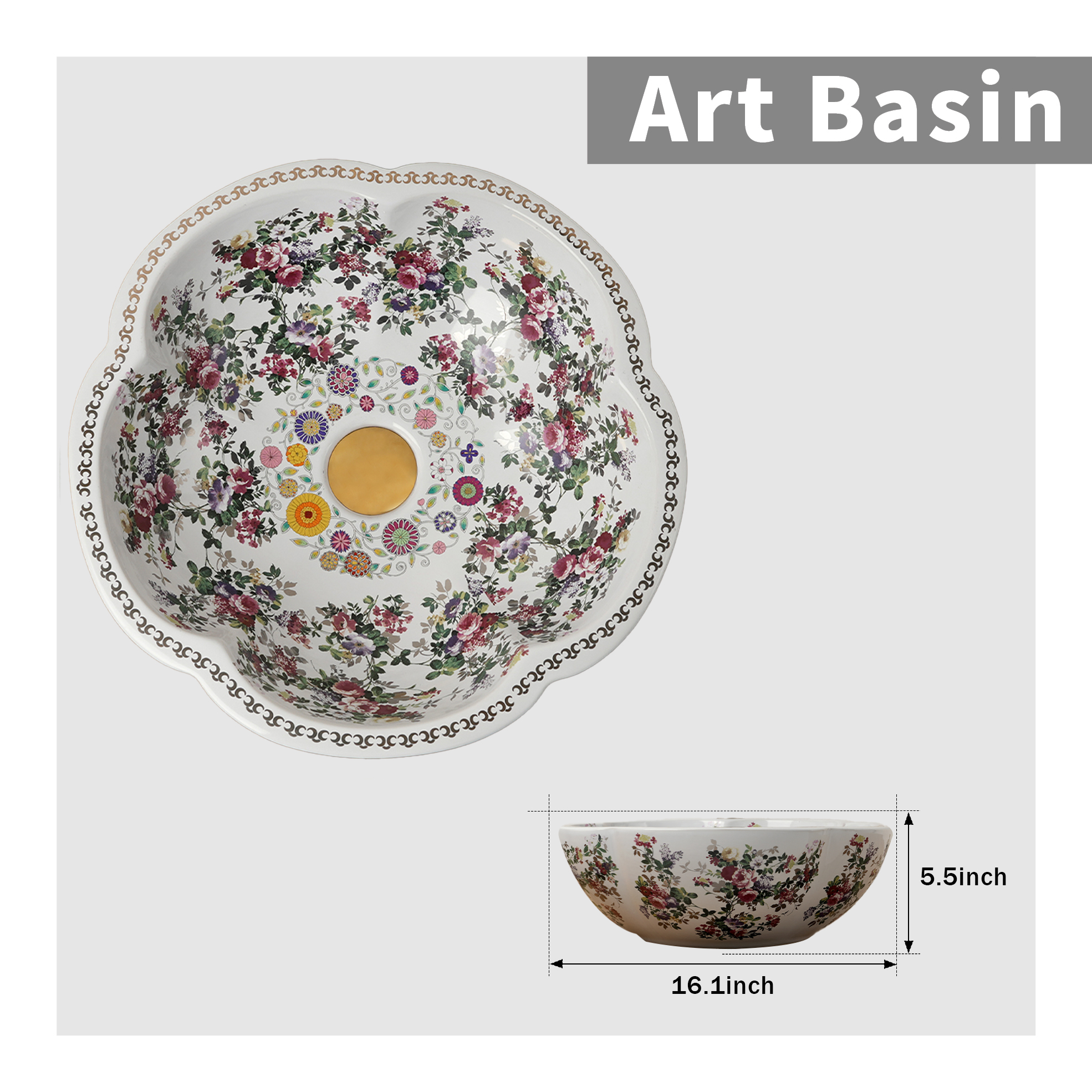 Ceramic washbasin with white petal print