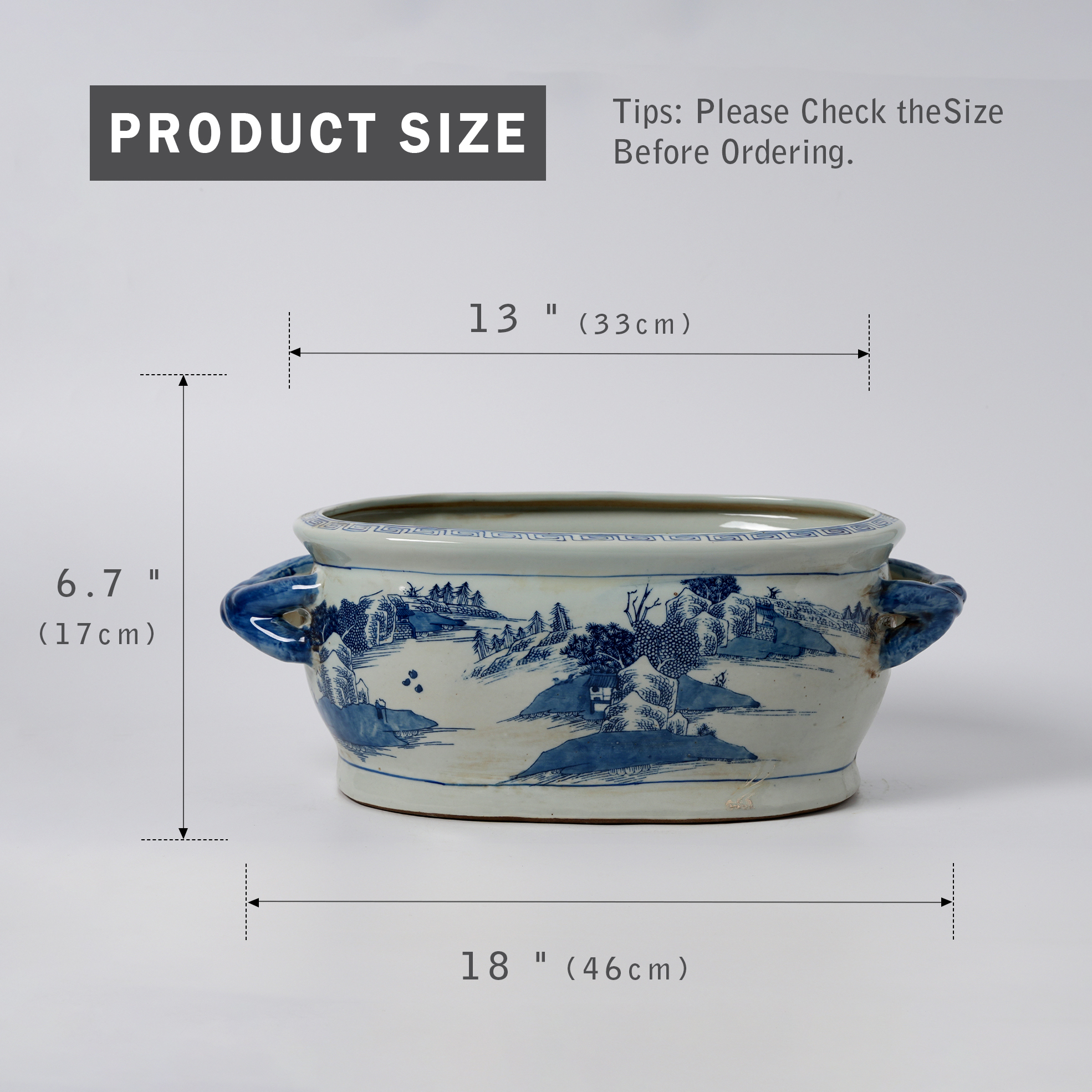 Antique blue and white porcelain flowerpot with hand-painted double handles 78