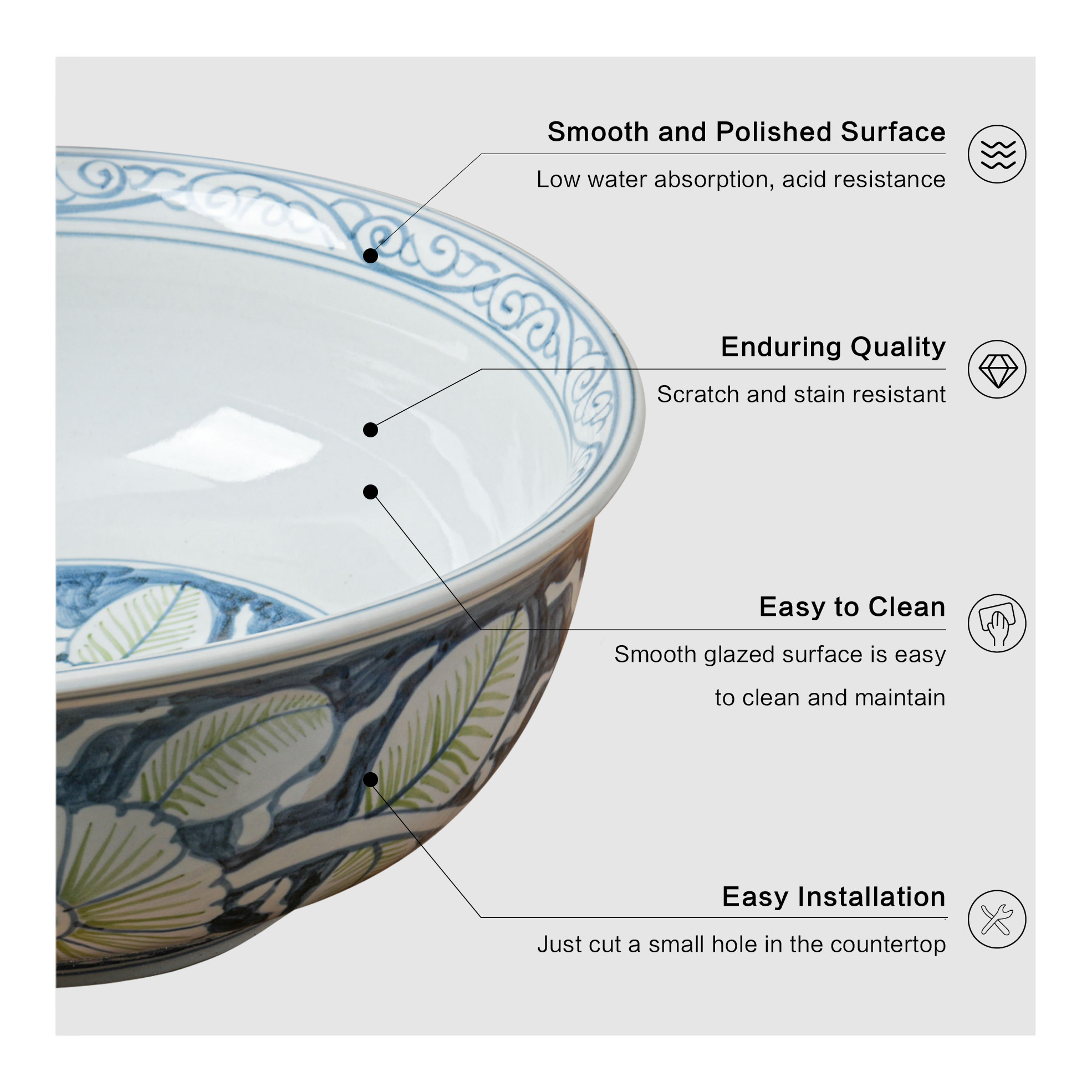 Round hand-painted ceramic washbasin