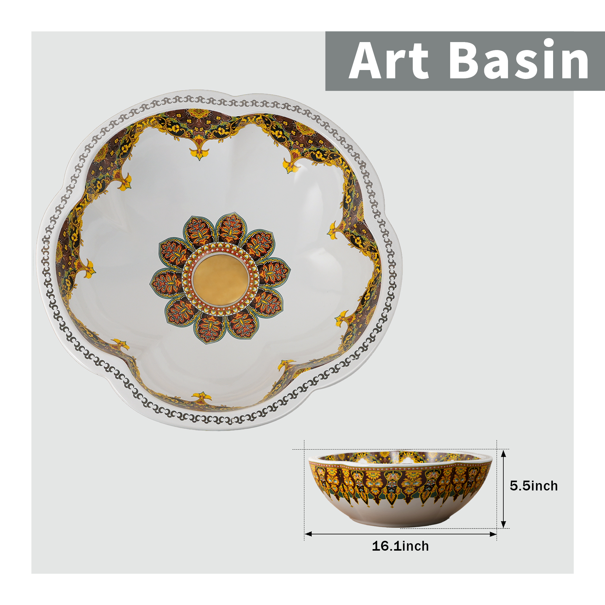 Ceramic washbasin with a yellow and white floral print