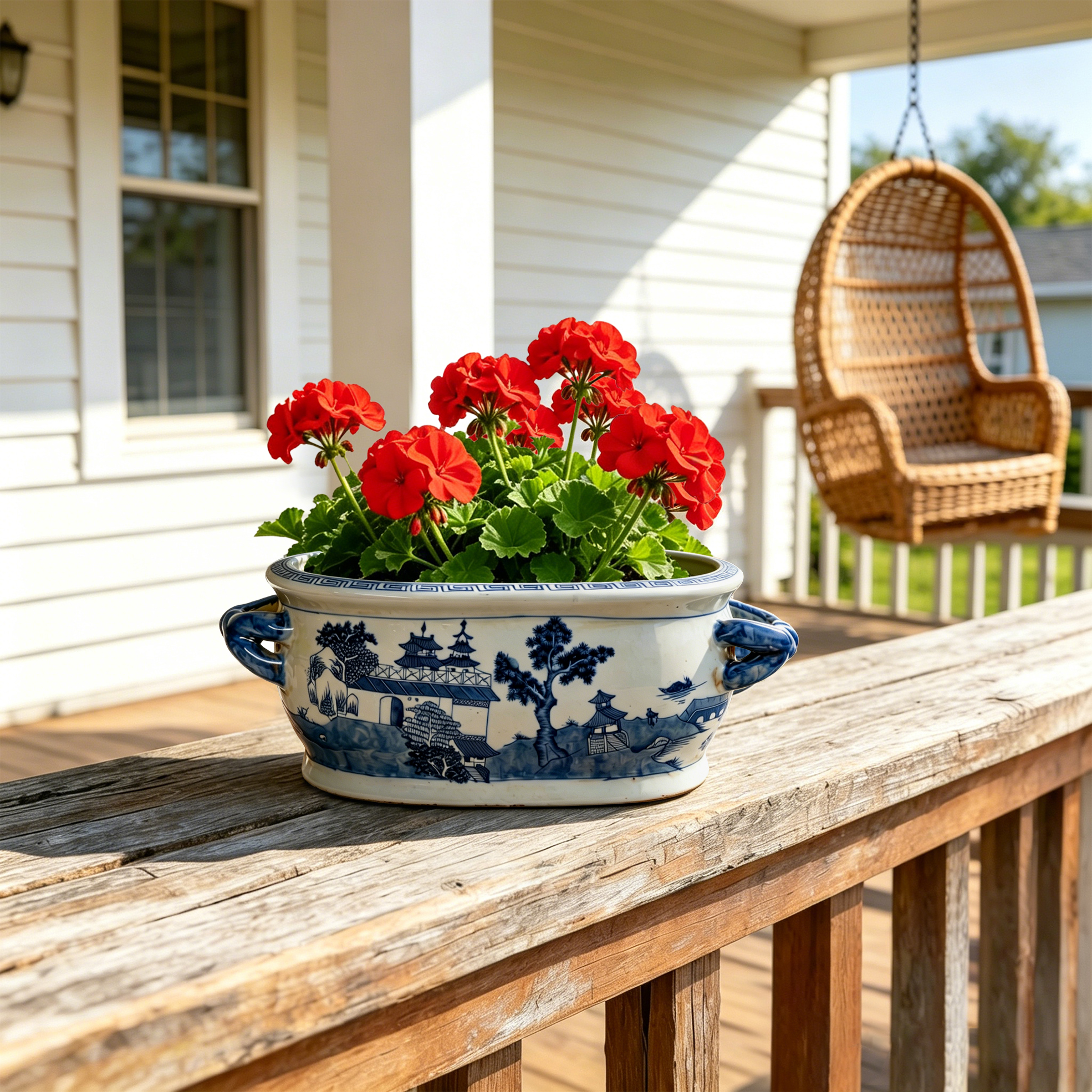 Antique blue and white porcelain flowerpot with hand-painted double handles 78