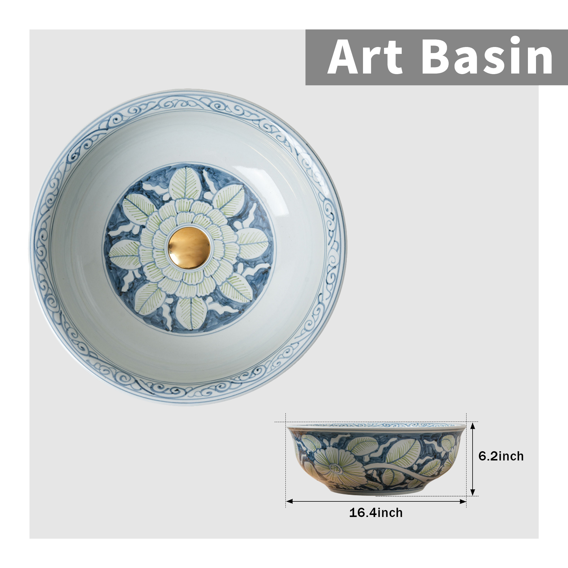 Round hand-painted ceramic washbasin
