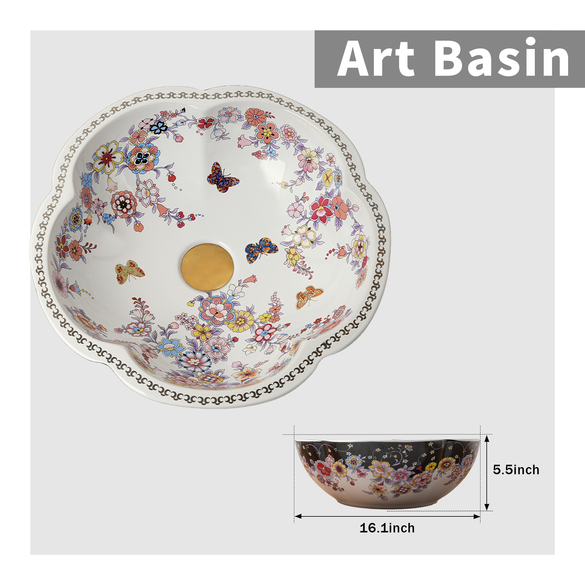Ceramic washbasin with black and white floral print