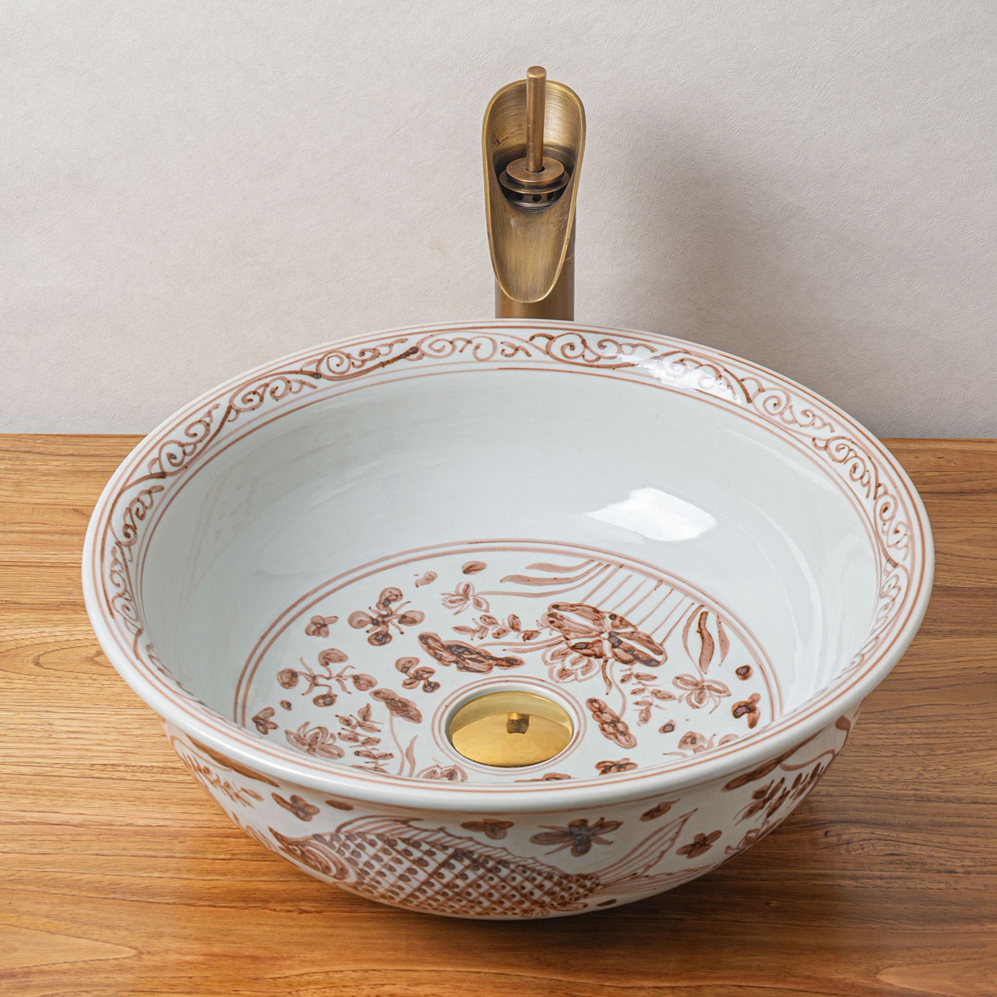 Round hand-painted ceramic washbasin