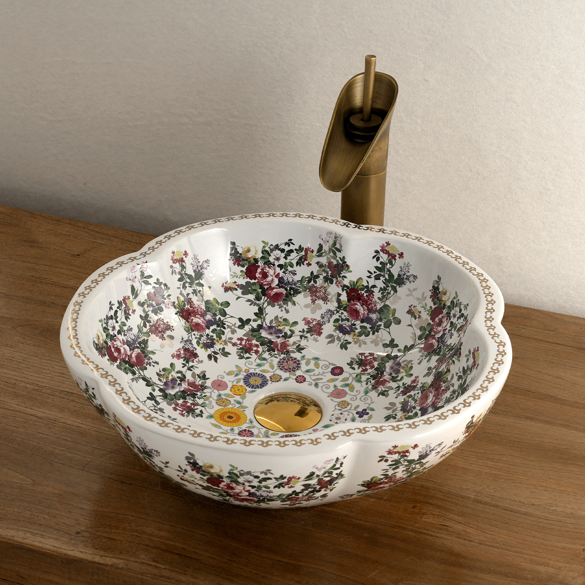 Ceramic washbasin with white petal print