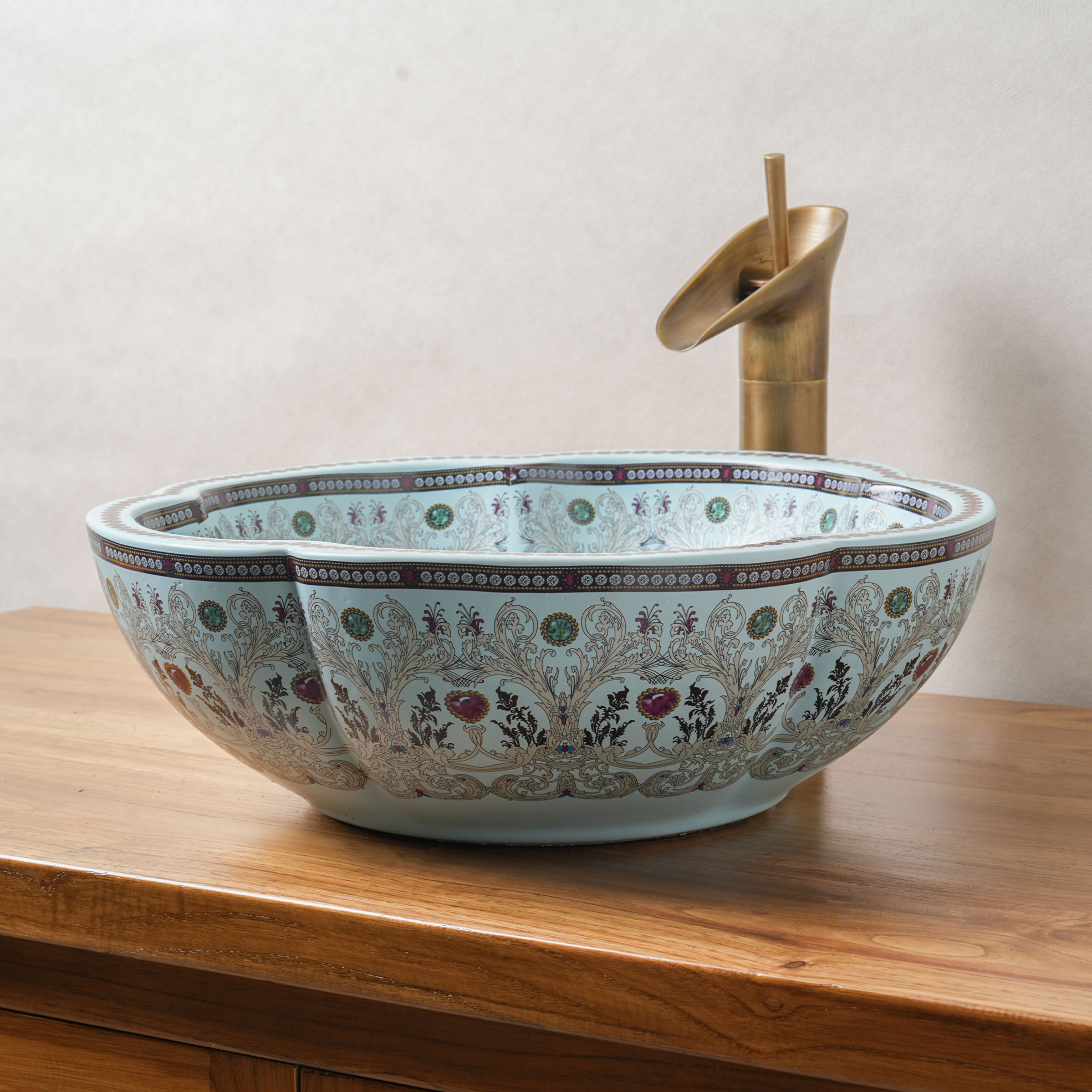 Cyan Ceramic Washbasin with Petal Print