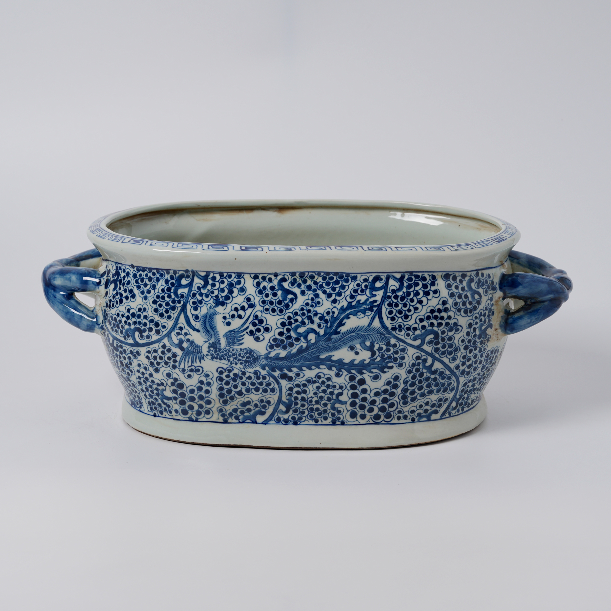 Antique blue and white porcelain flowerpot with hand-painted double handles 77