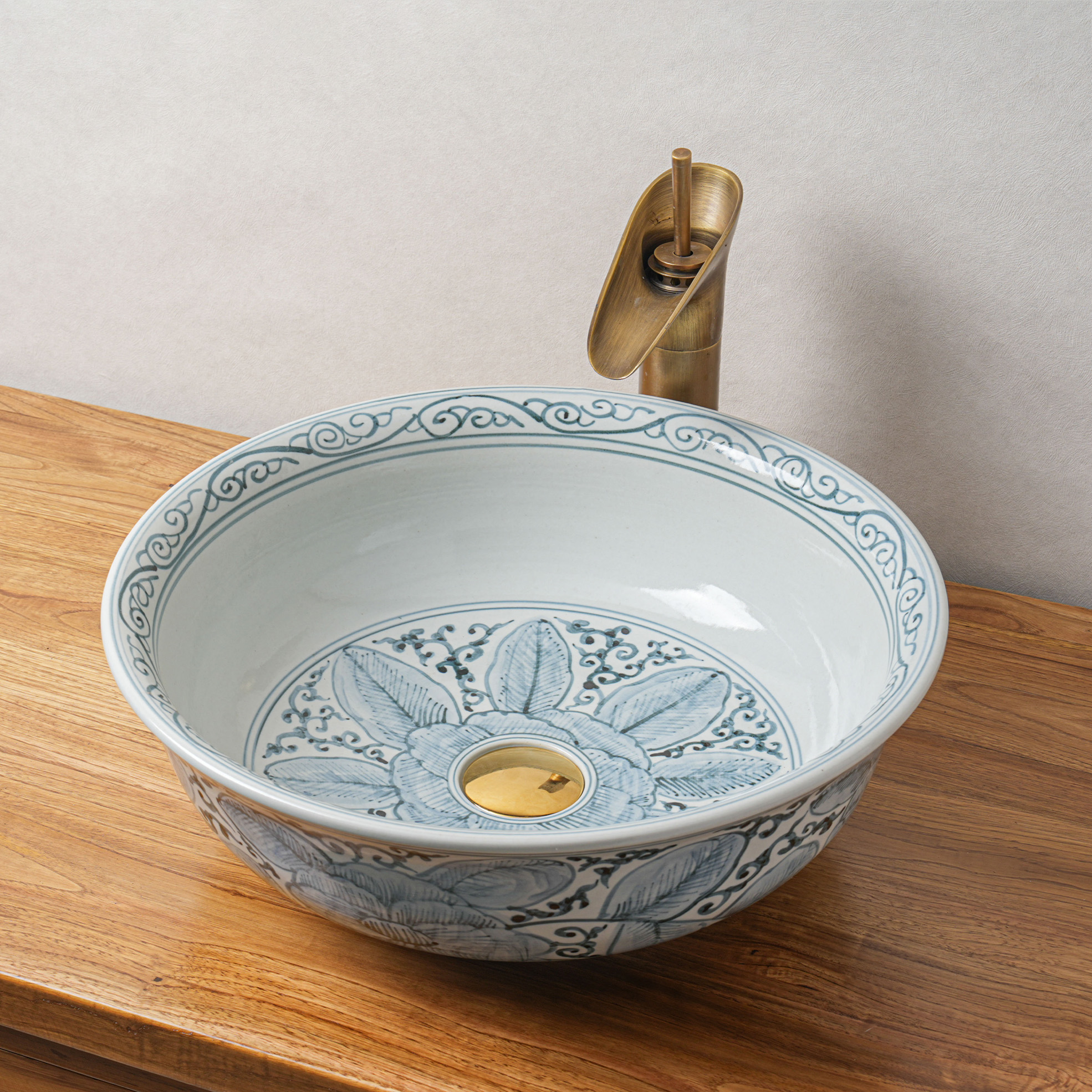 Round hand-painted ceramic washbasin