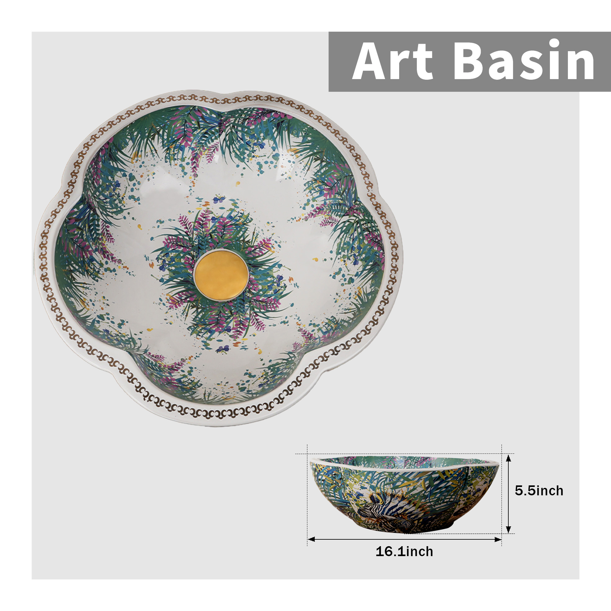 Ceramic washbasin with a green and white floral print