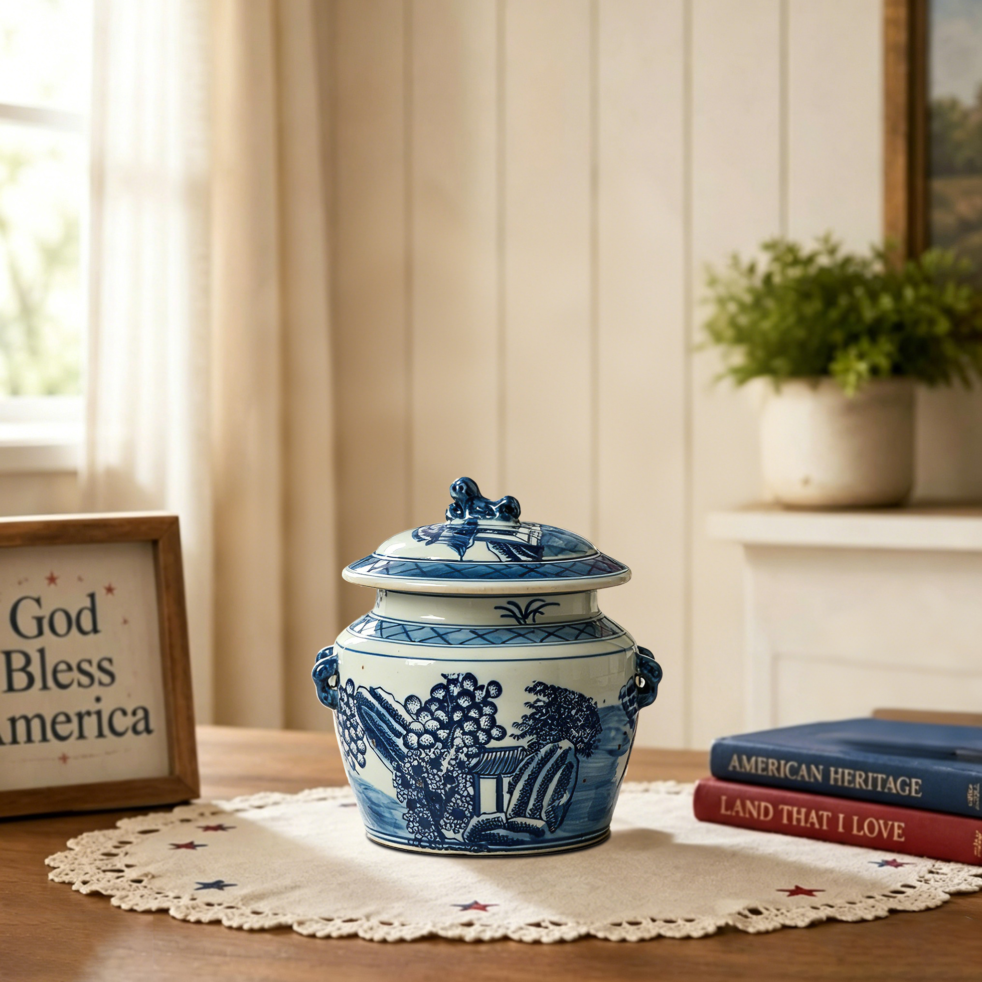 Antique blue and white floral pattern decorated ginger jar lid 67