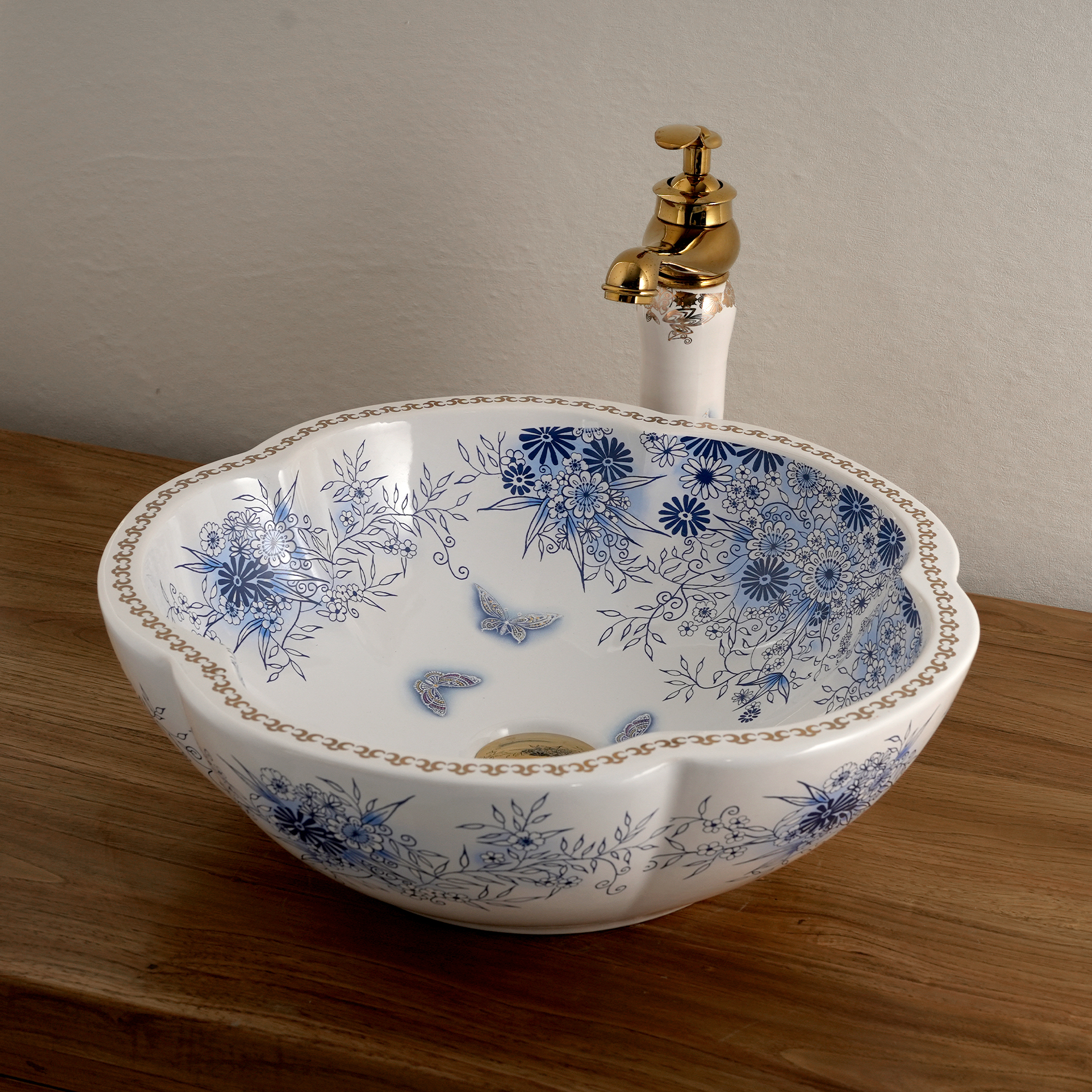 Ceramic washbasin with white petal print