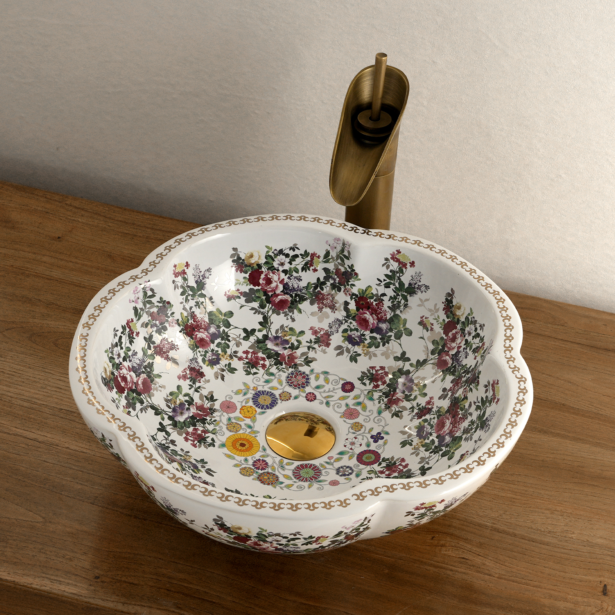 Ceramic washbasin with white petal print