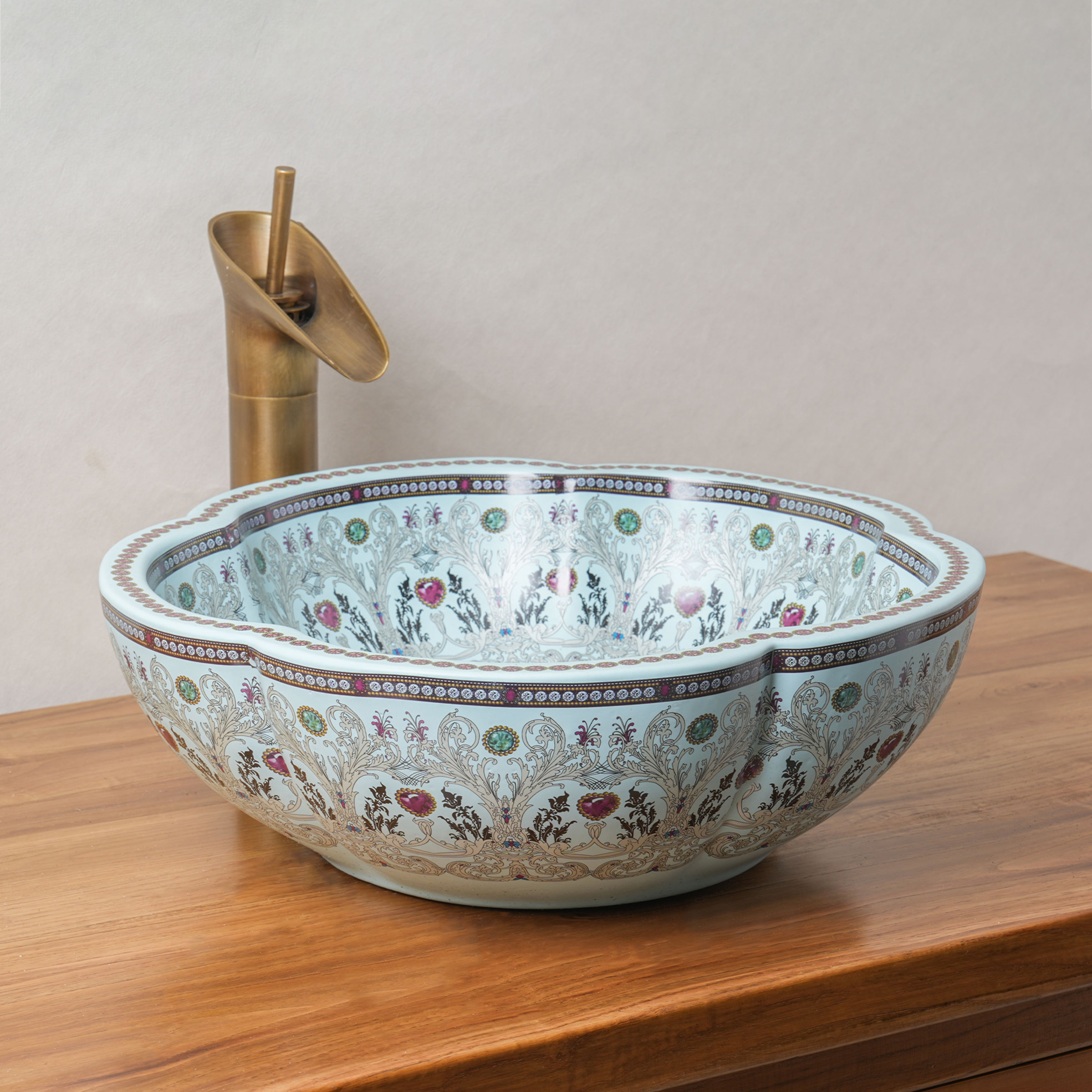 Cyan Ceramic Washbasin with Petal Print