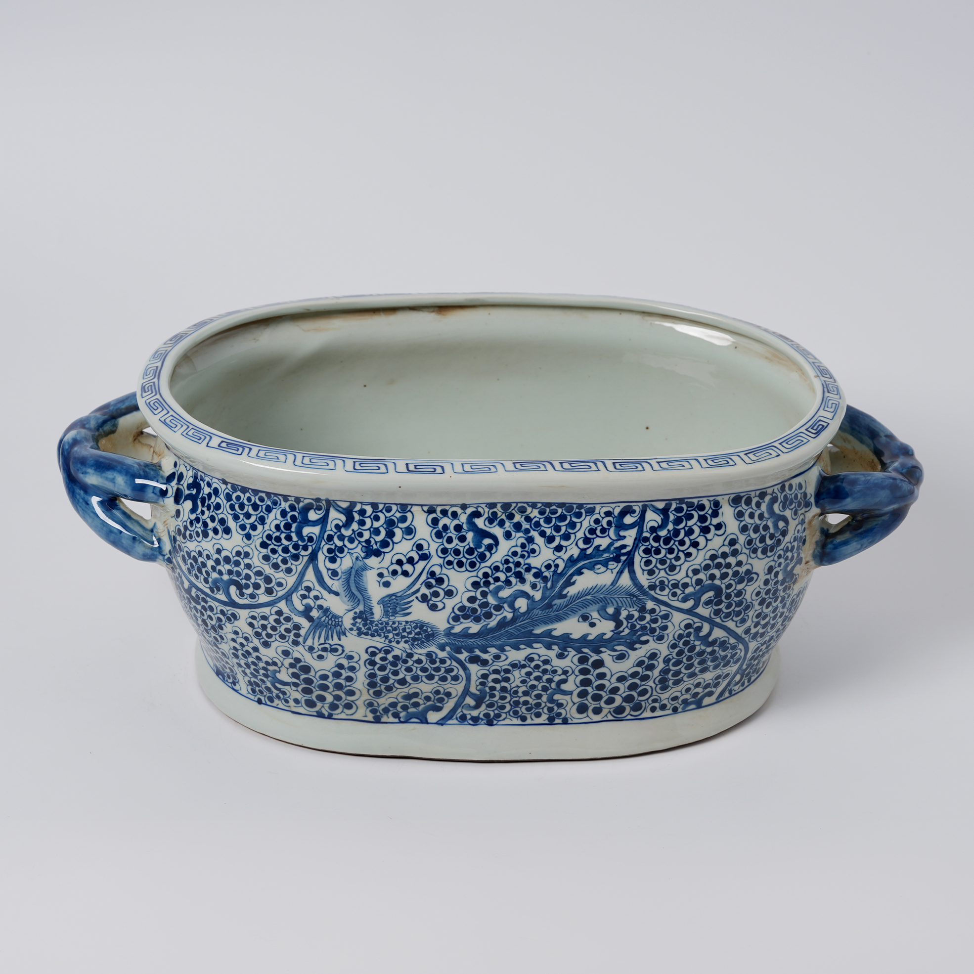 Antique blue and white porcelain flowerpot with hand-painted double handles 77