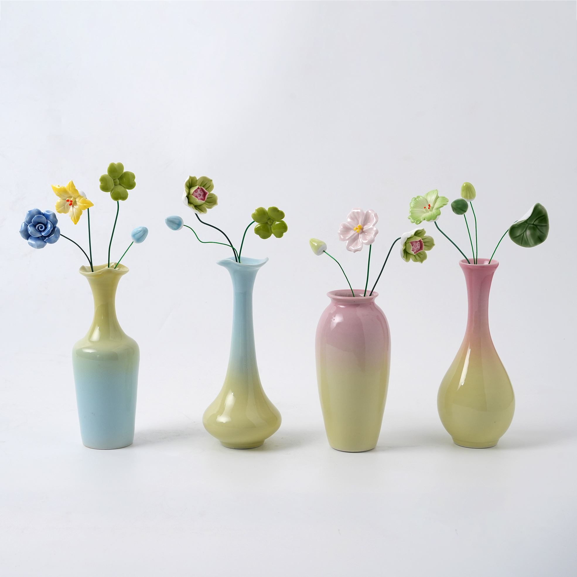 4 PCS Jingdezhen Handmade Ceramic Flower Vase Set - Pastel Gradient Glaze