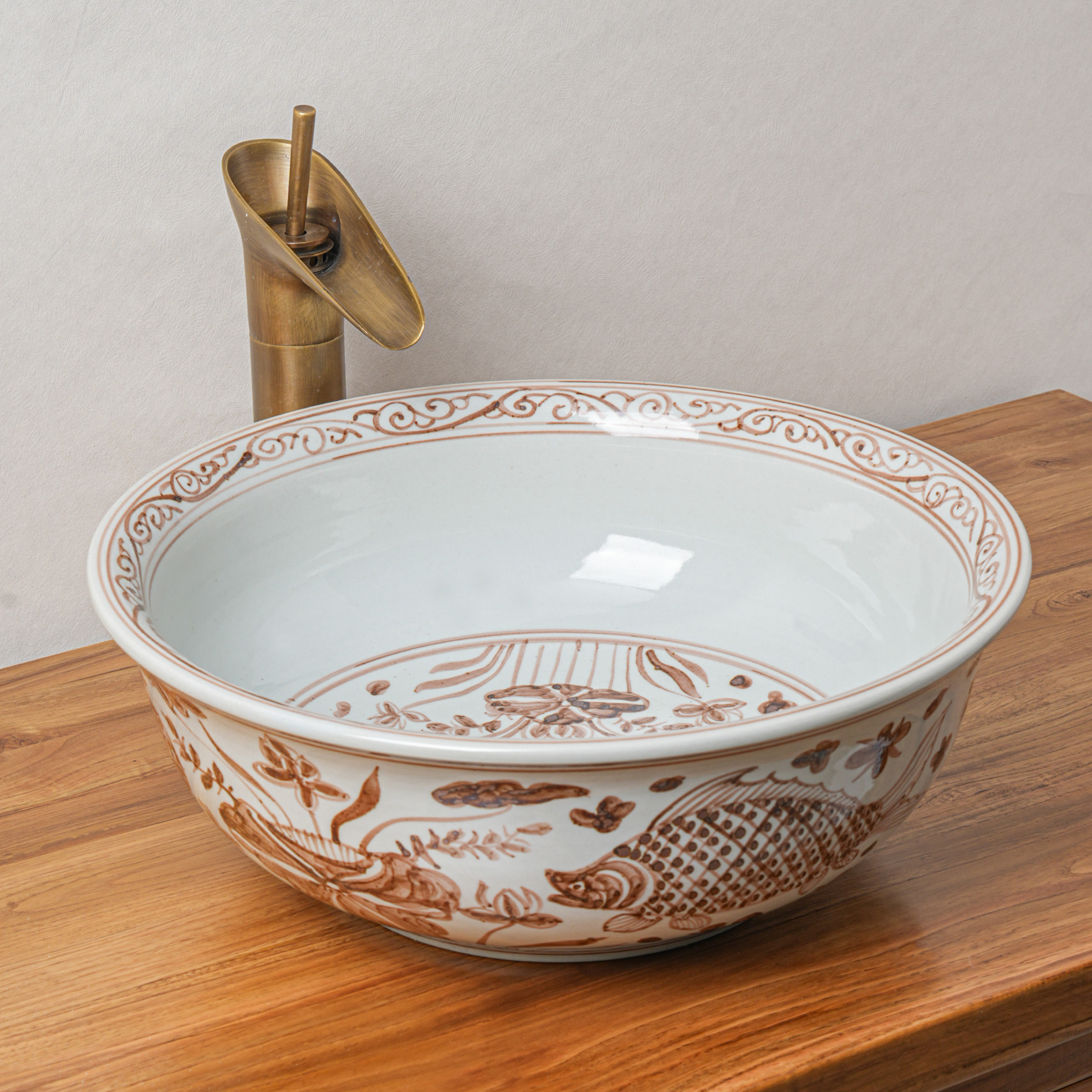Round hand-painted ceramic washbasin