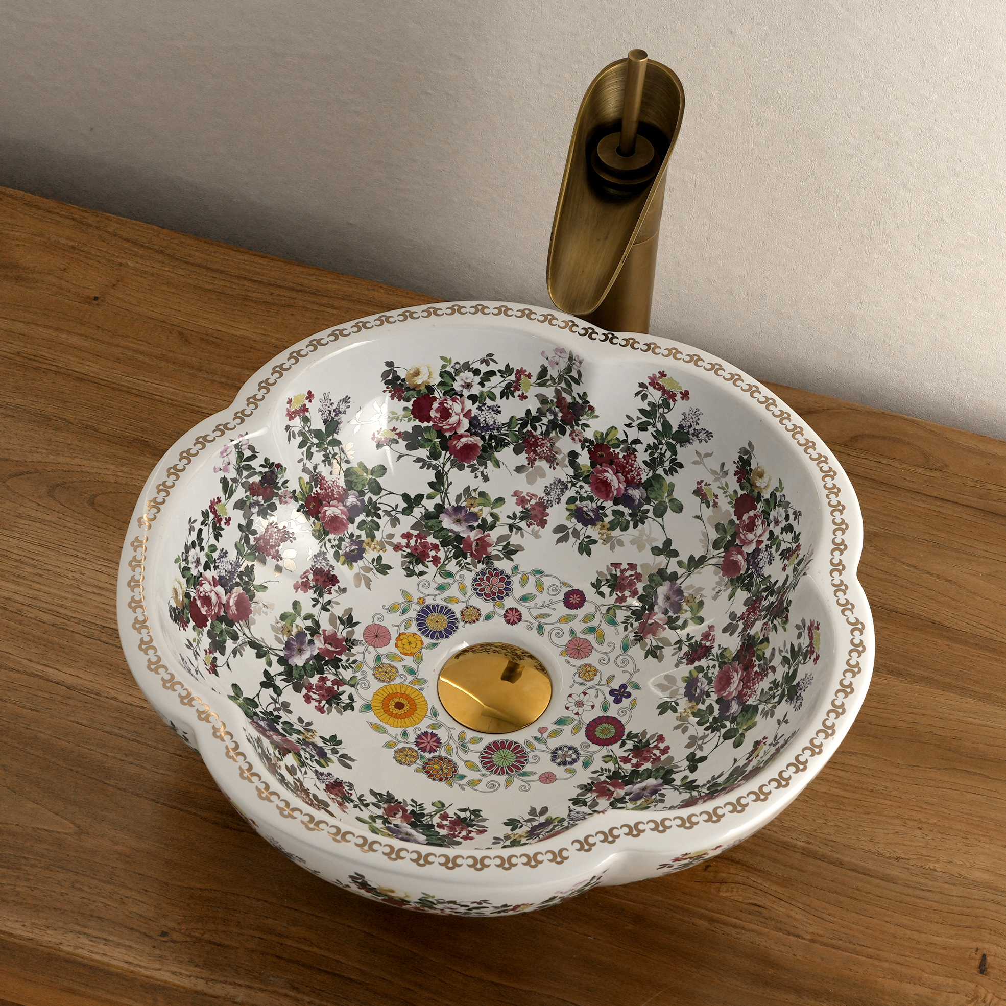 Ceramic washbasin with white petal print