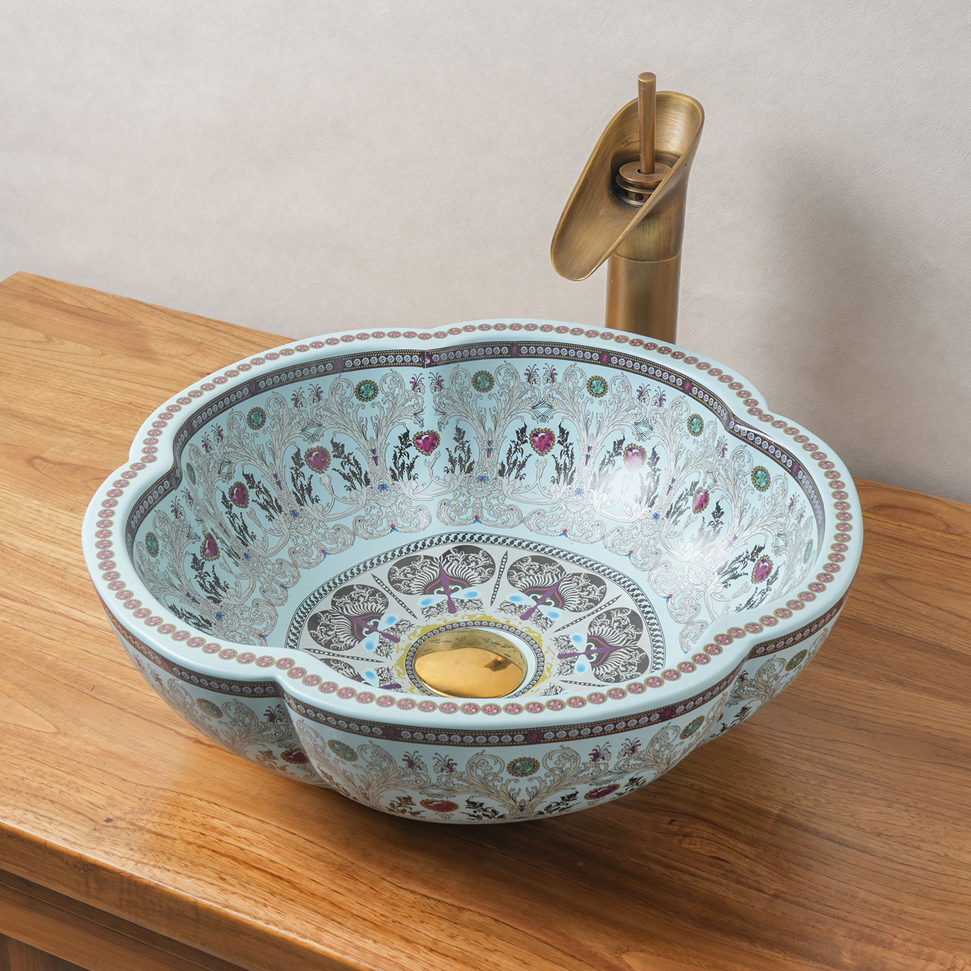 Cyan Ceramic Washbasin with Petal Print