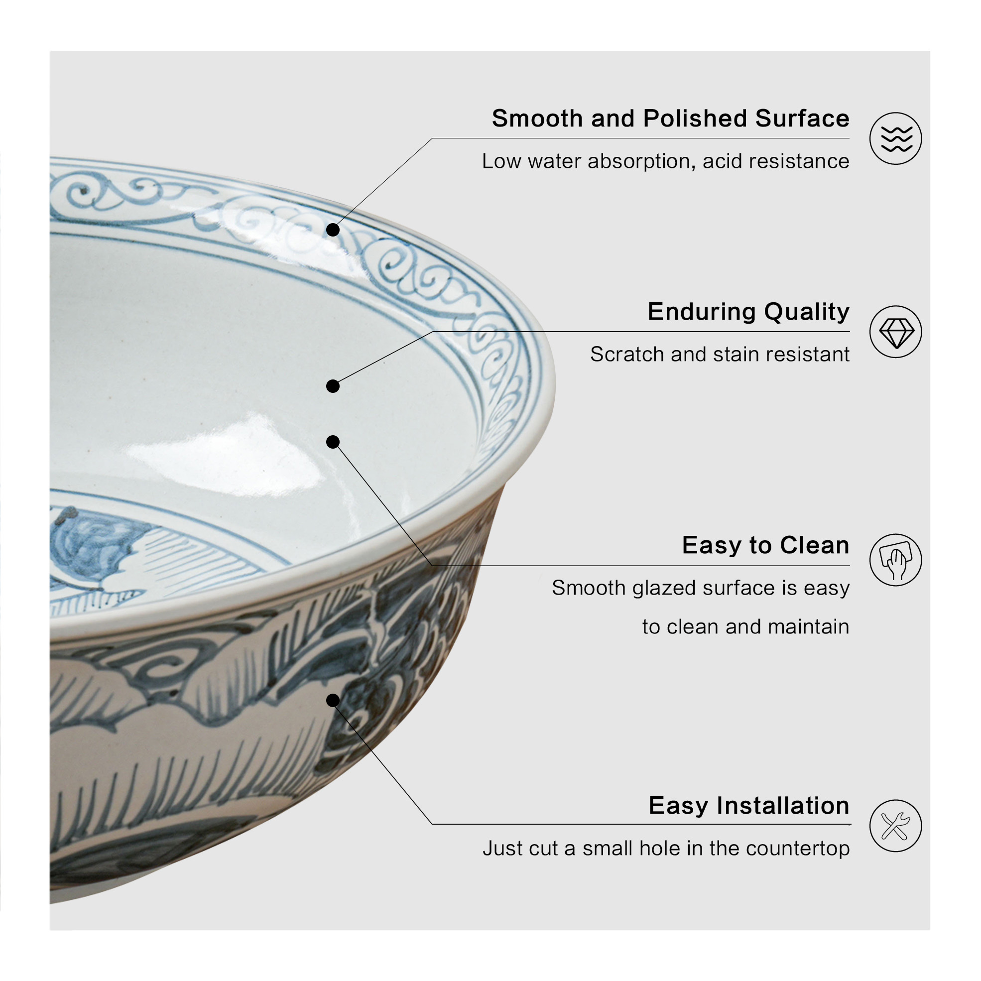 Round hand-painted ceramic washbasin