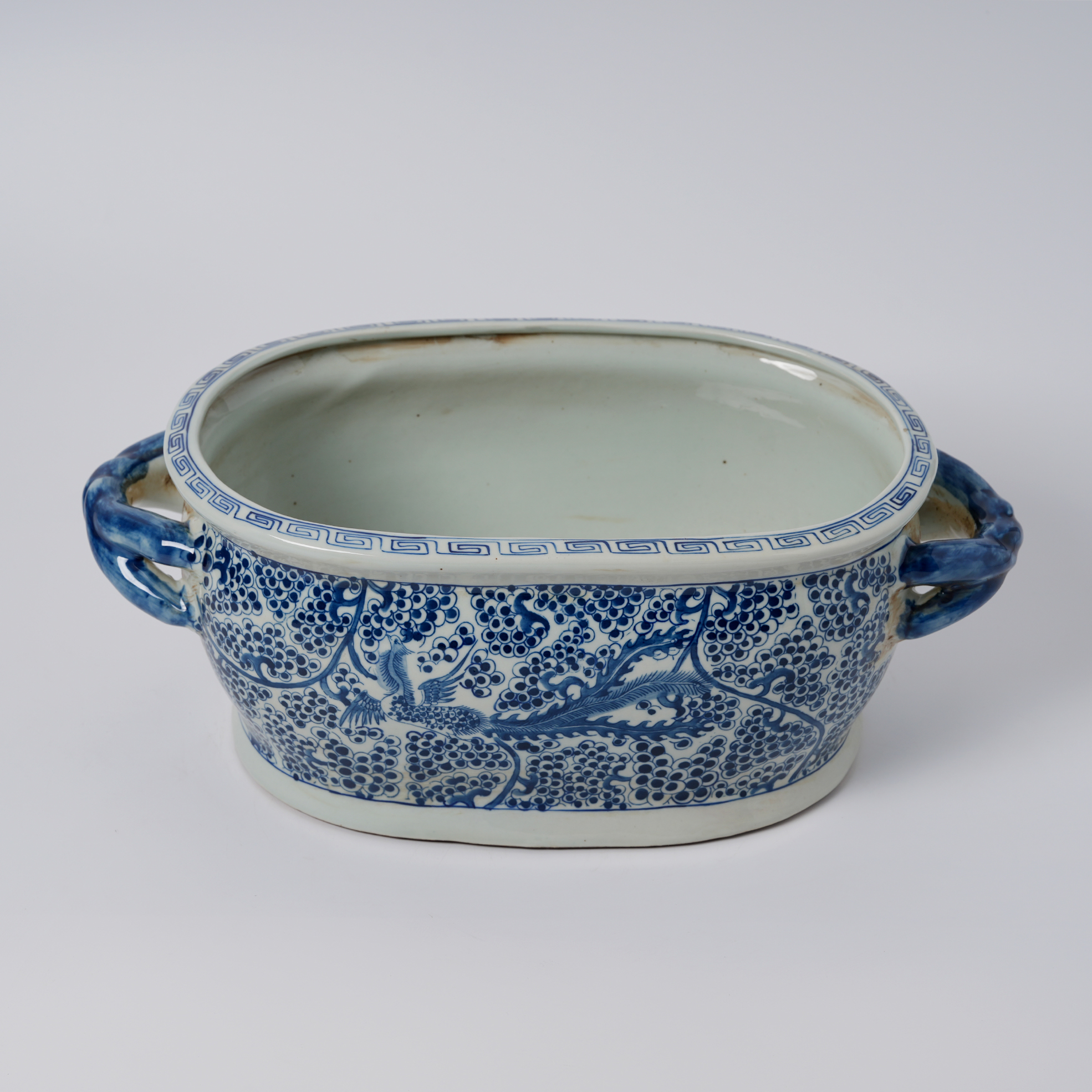 Antique blue and white porcelain flowerpot with hand-painted double handles 77