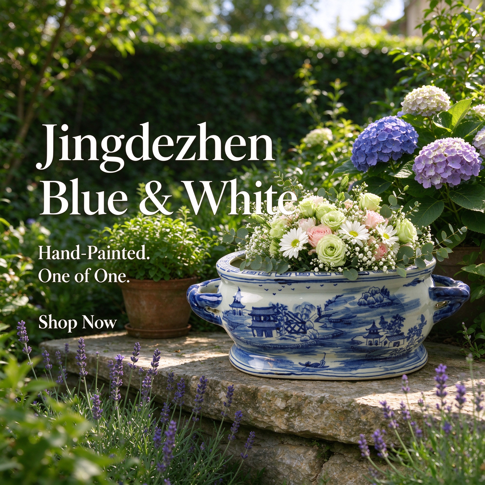Blue and white porcelain antique-style hand-painted double-handled ceramic flower pot 34