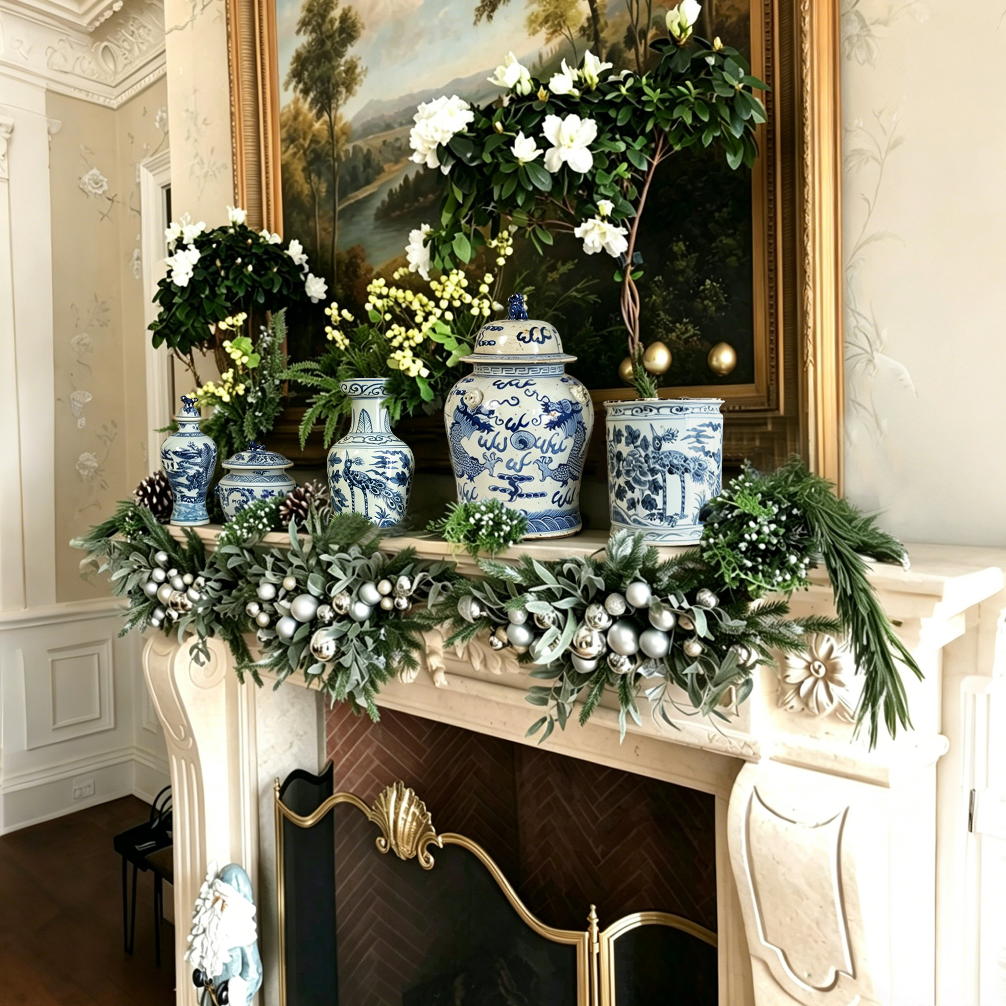 Antique blue and white porcelain lion head ceramic flower pot, hand-painted 65