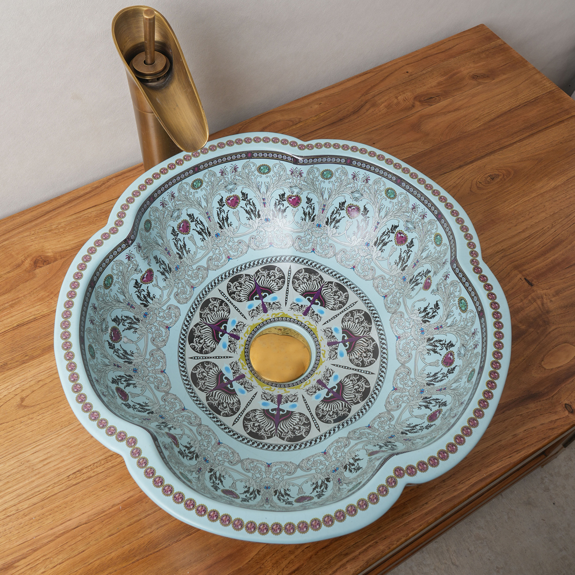 Cyan Ceramic Washbasin with Petal Print