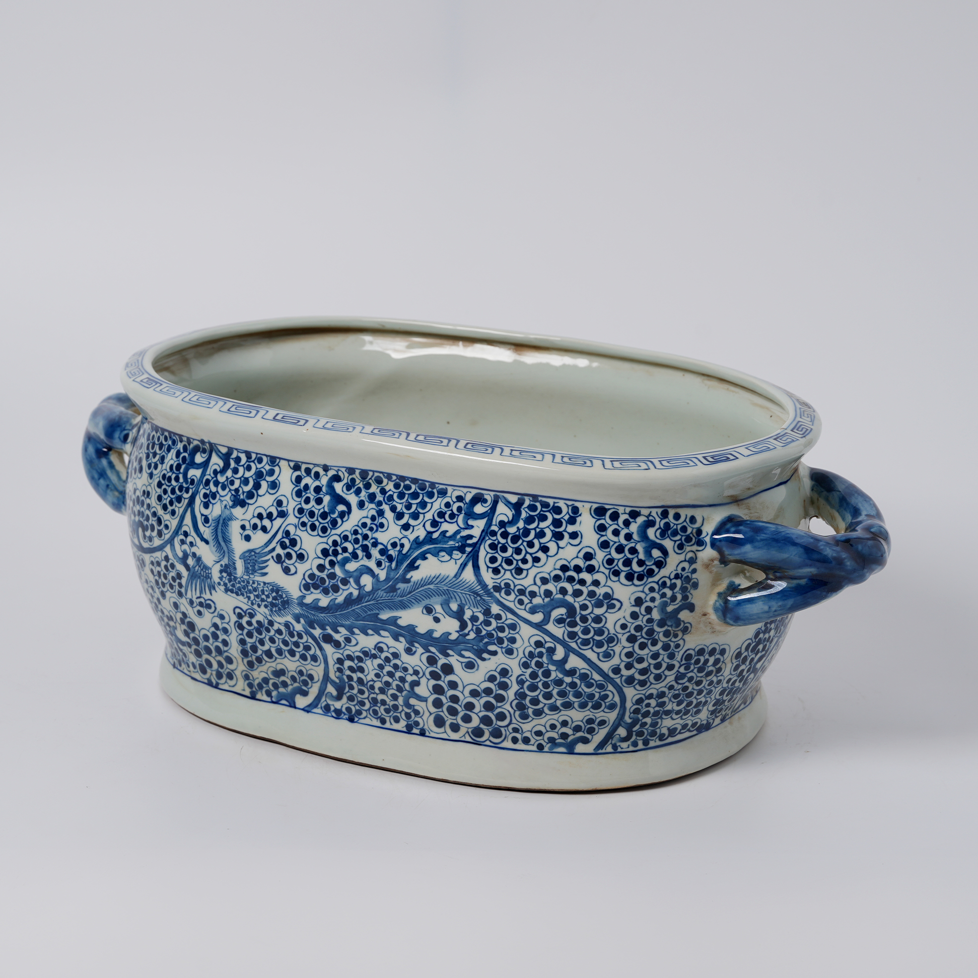 Antique blue and white porcelain flowerpot with hand-painted double handles 77