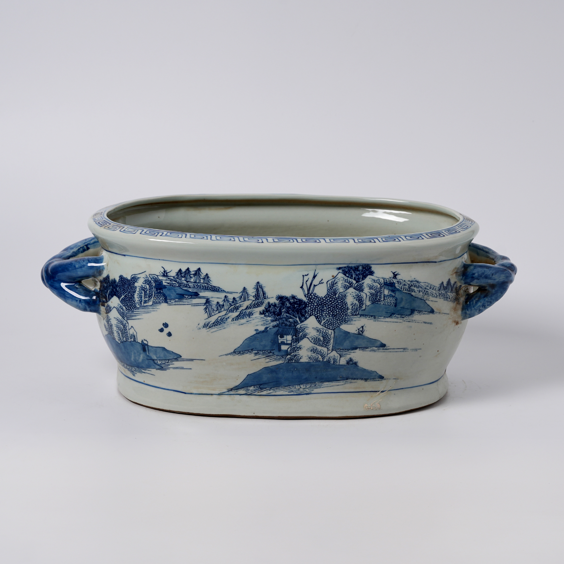 Antique blue and white porcelain flowerpot with hand-painted double handles 78
