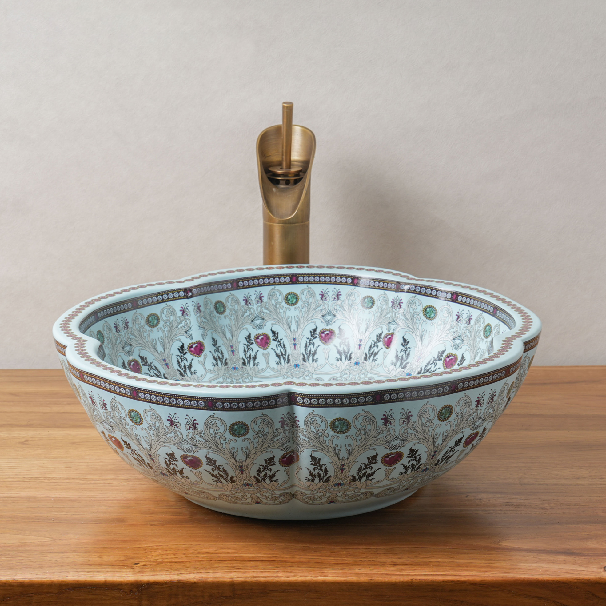 Cyan Ceramic Washbasin with Petal Print
