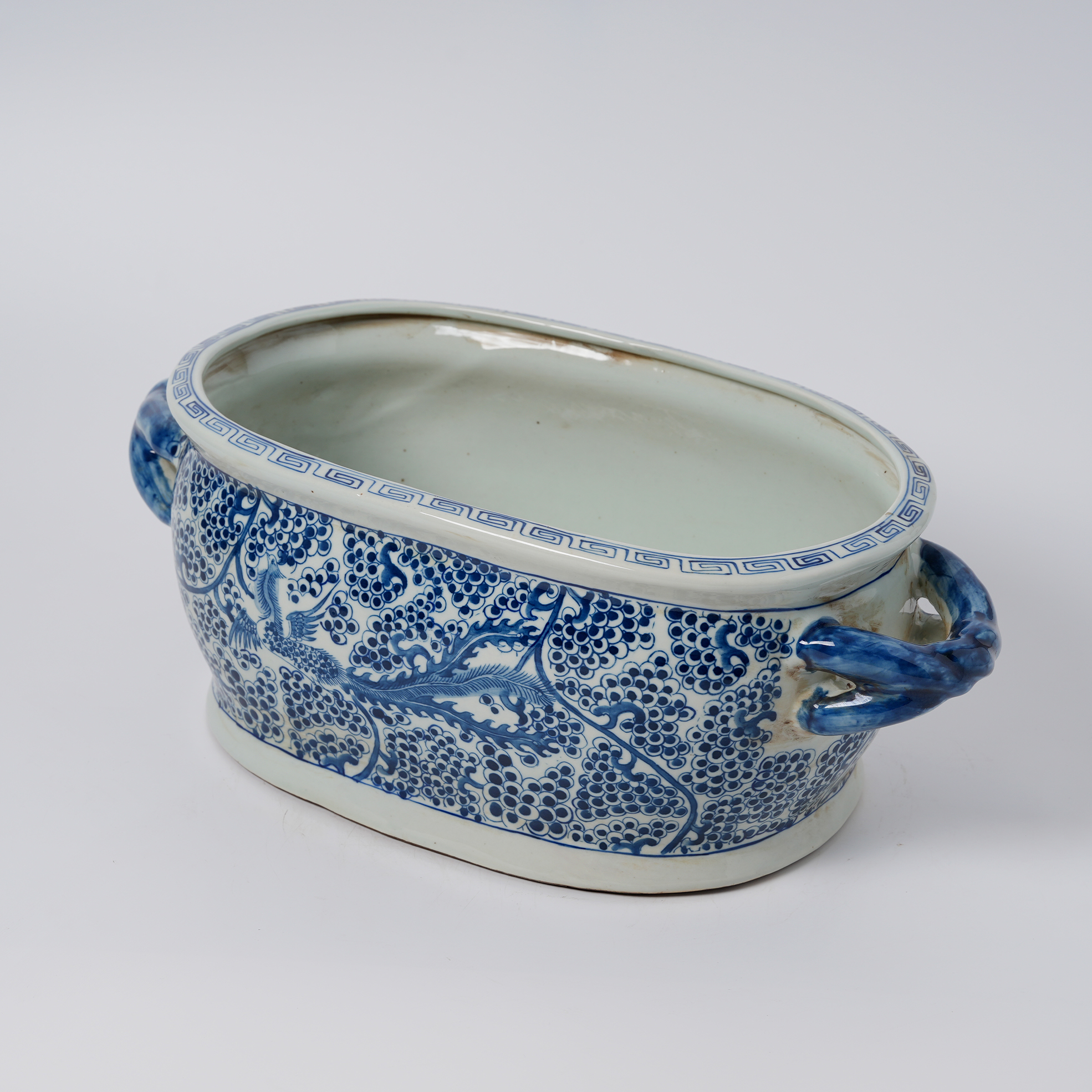 Antique blue and white porcelain flowerpot with hand-painted double handles 77