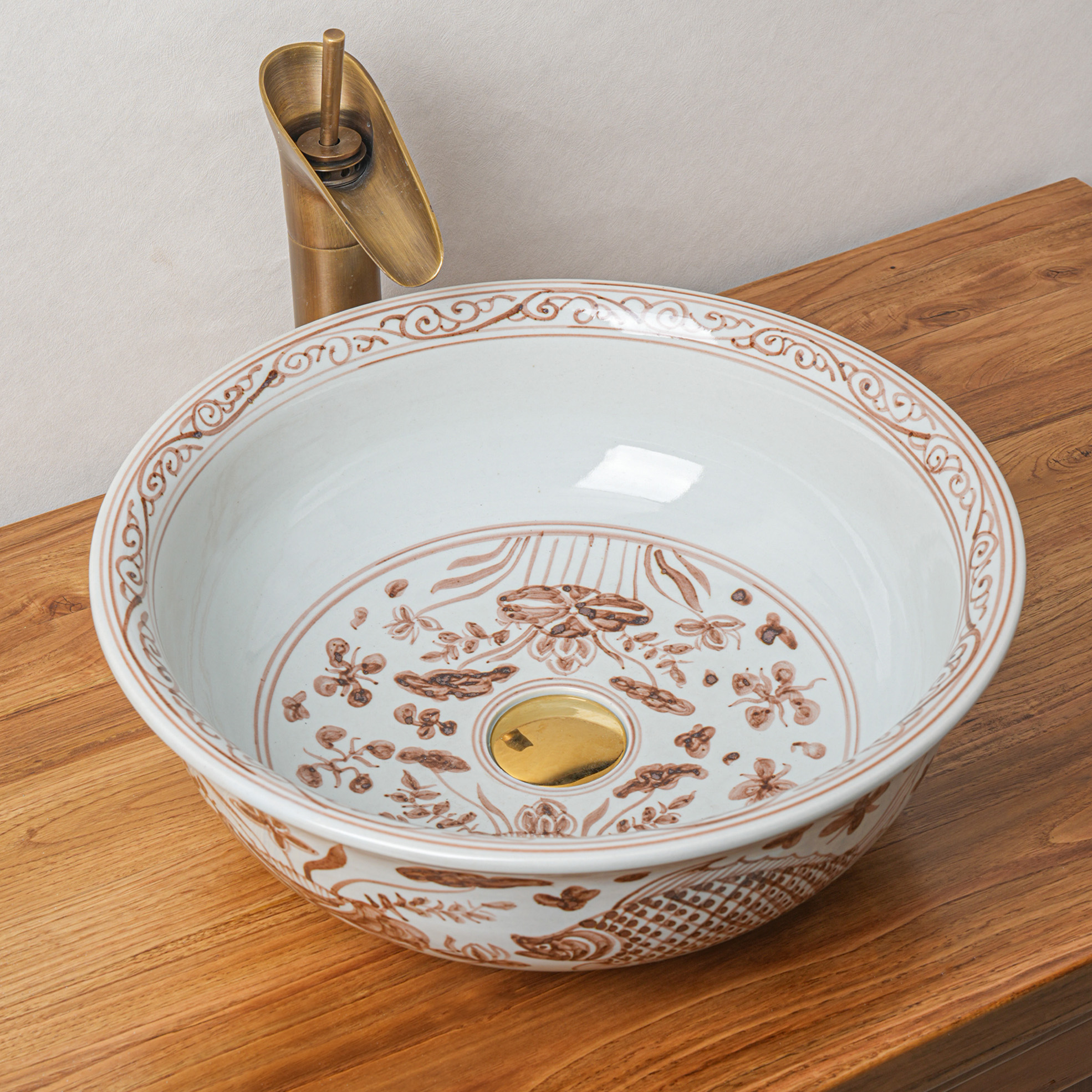 Round hand-painted ceramic washbasin
