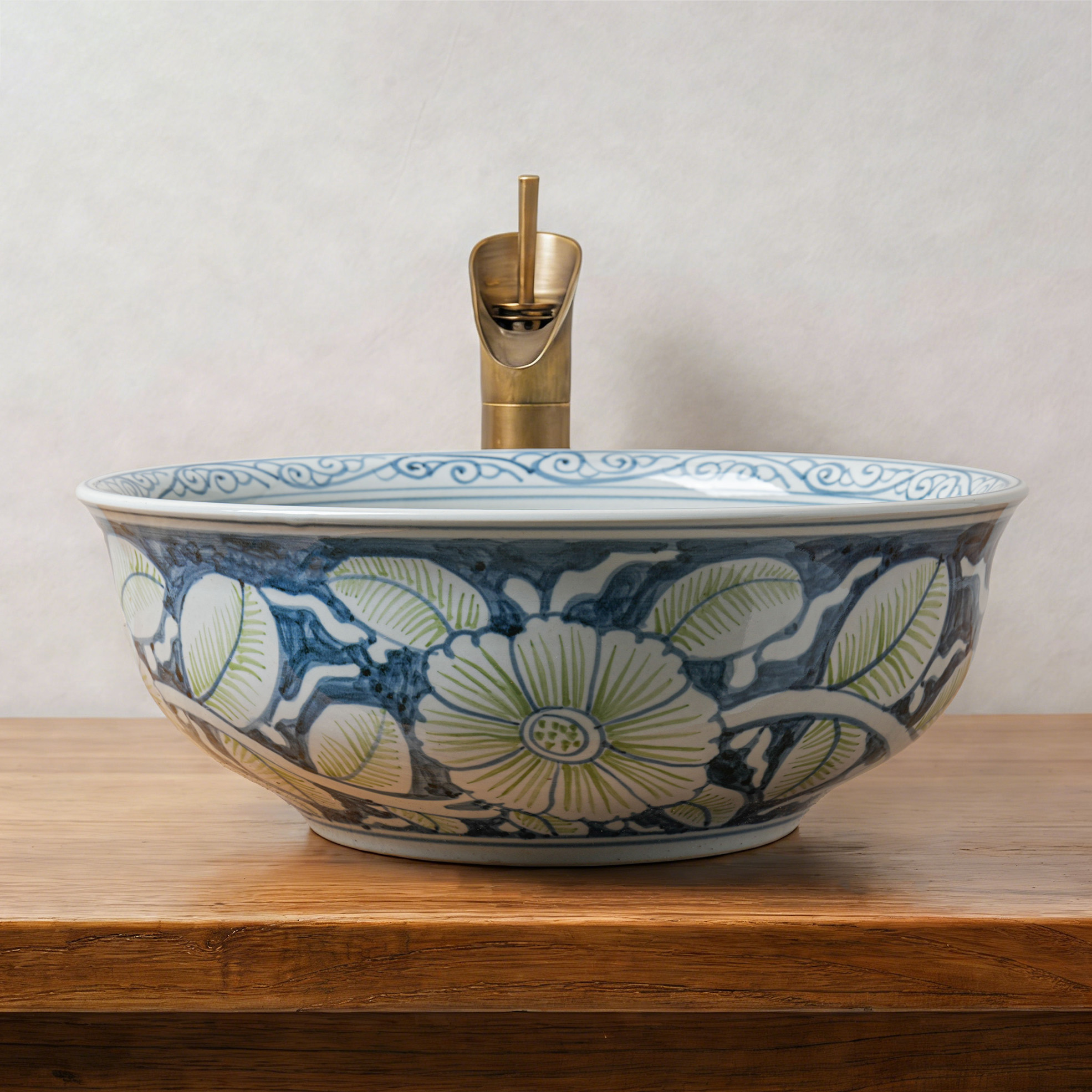 Round hand-painted ceramic washbasin