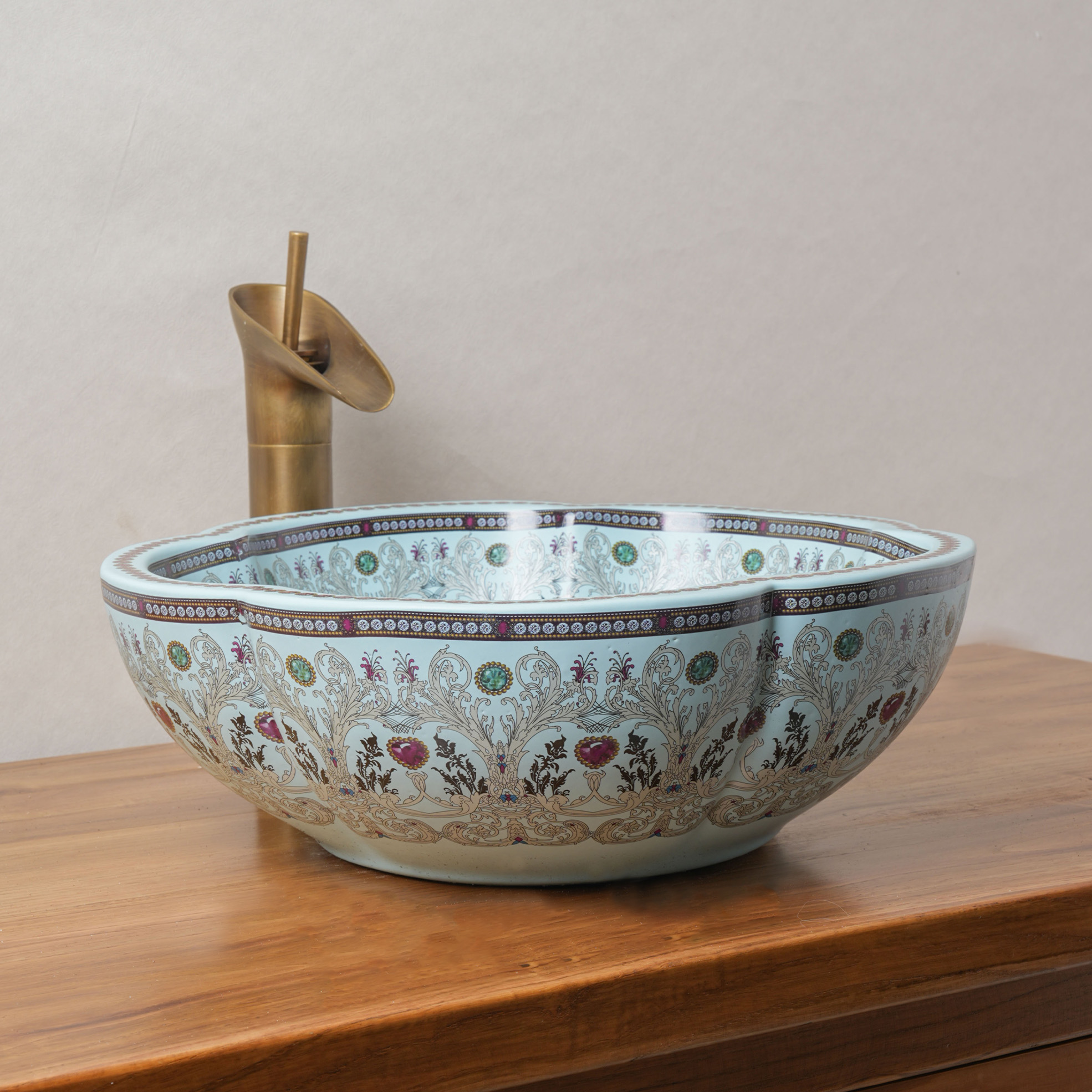 Cyan Ceramic Washbasin with Petal Print