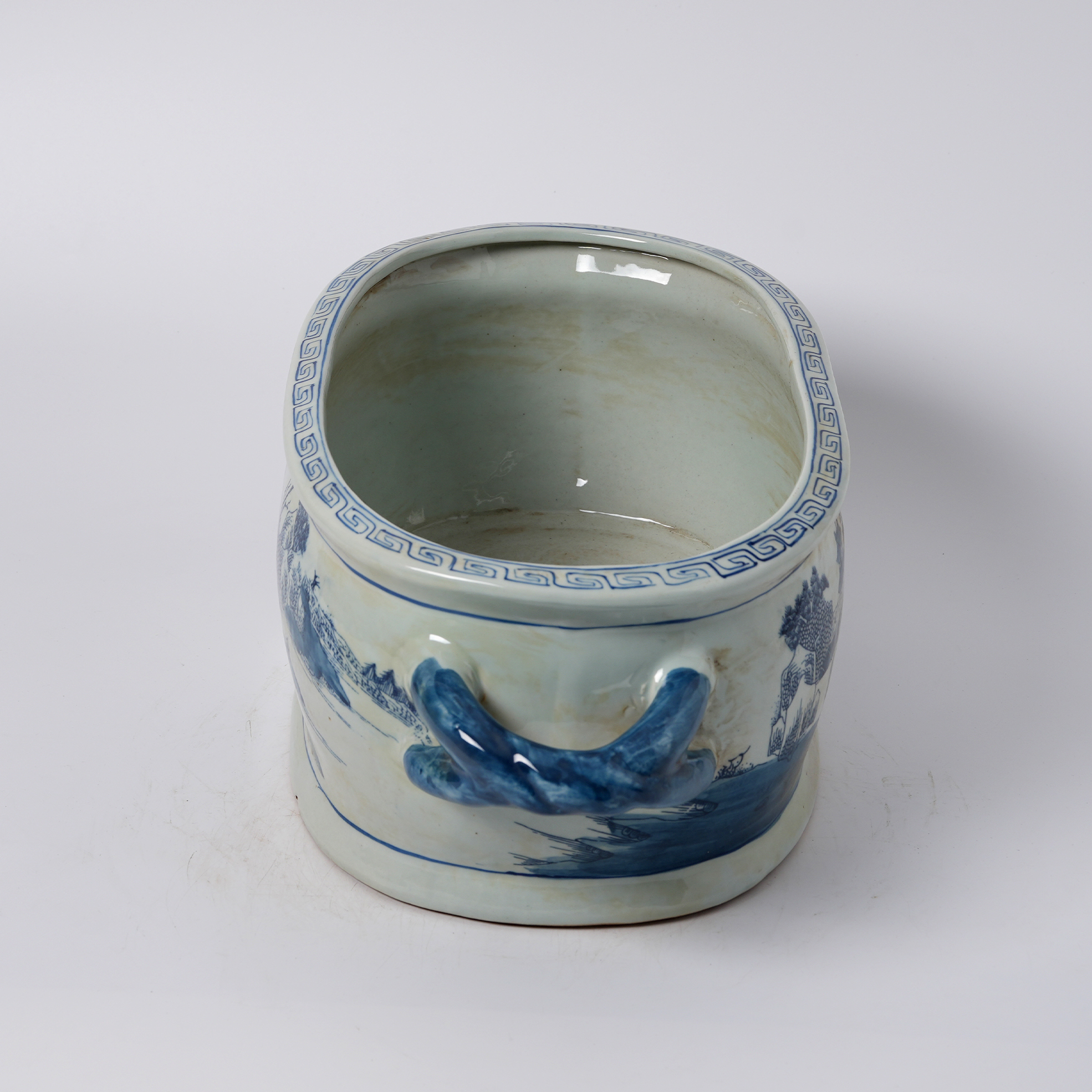 Antique blue and white porcelain flowerpot with hand-painted double handles 78